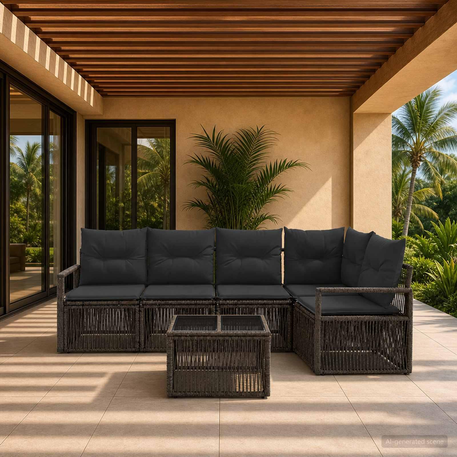 Havesofa sæt 6 dele i grå polyrattan - modulært loungesæt