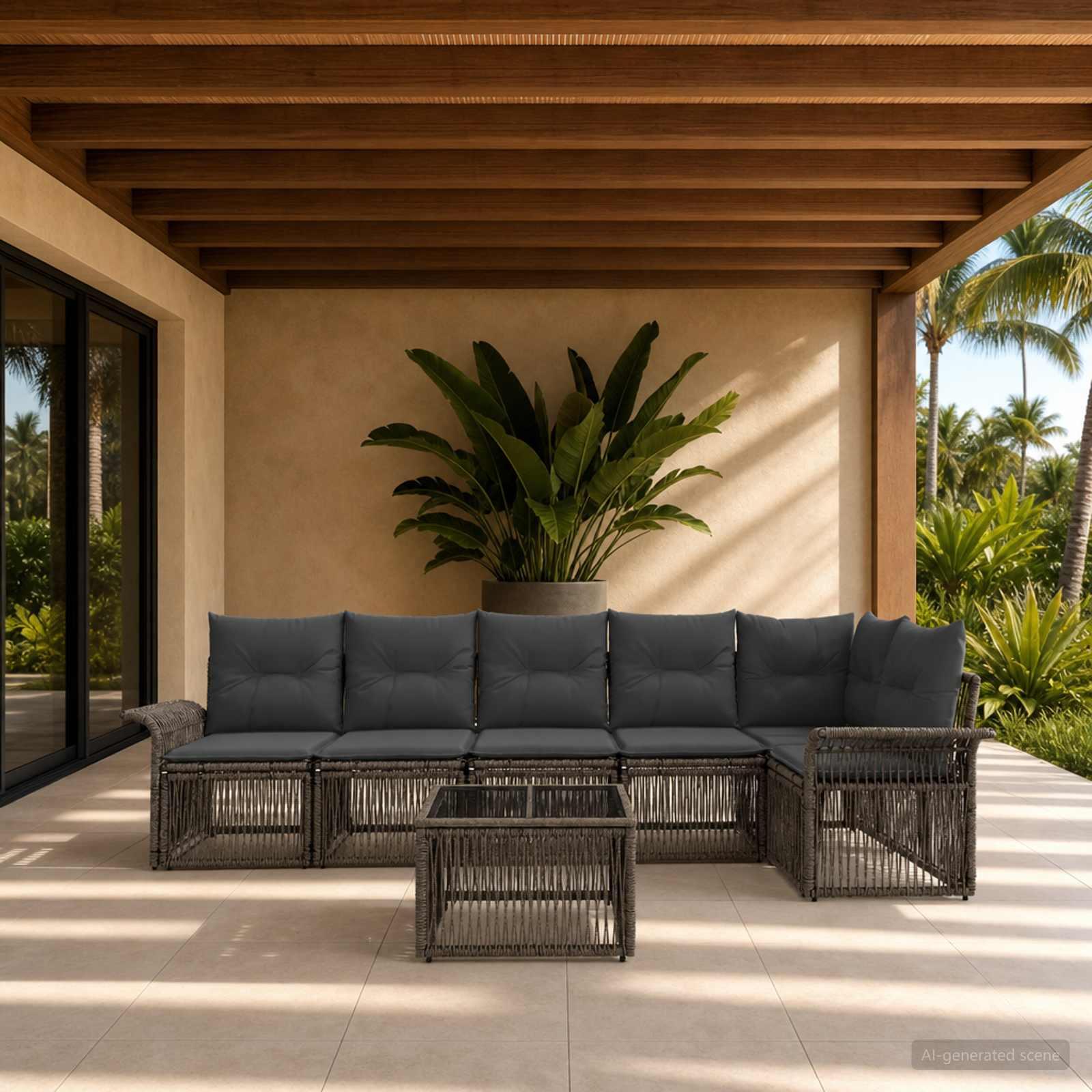 Havesofa sæt 7 stk. i grå polyrattan modulsofa til terrasse
