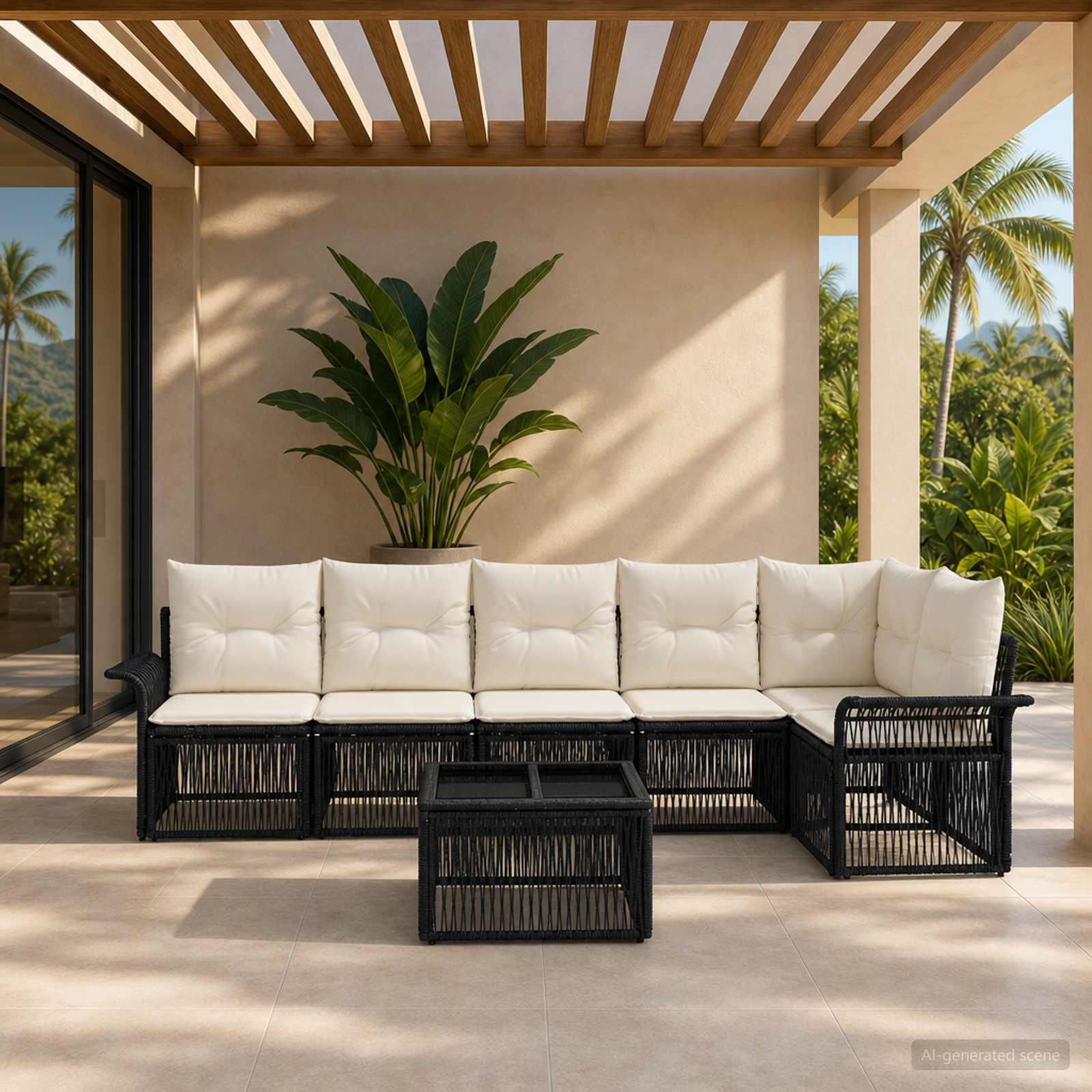 Havesofa sæt 7 stk. i sort polyrattan modulsofa