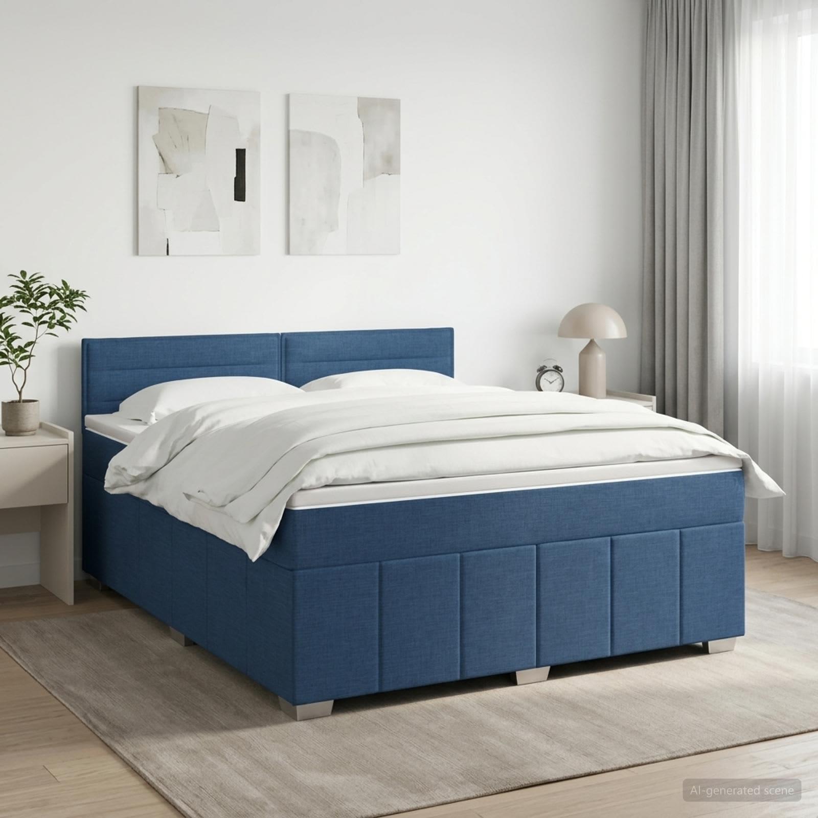 Boxmadras med topmadras og justerbart hovedgærde 140 x 200 cm - blå stof