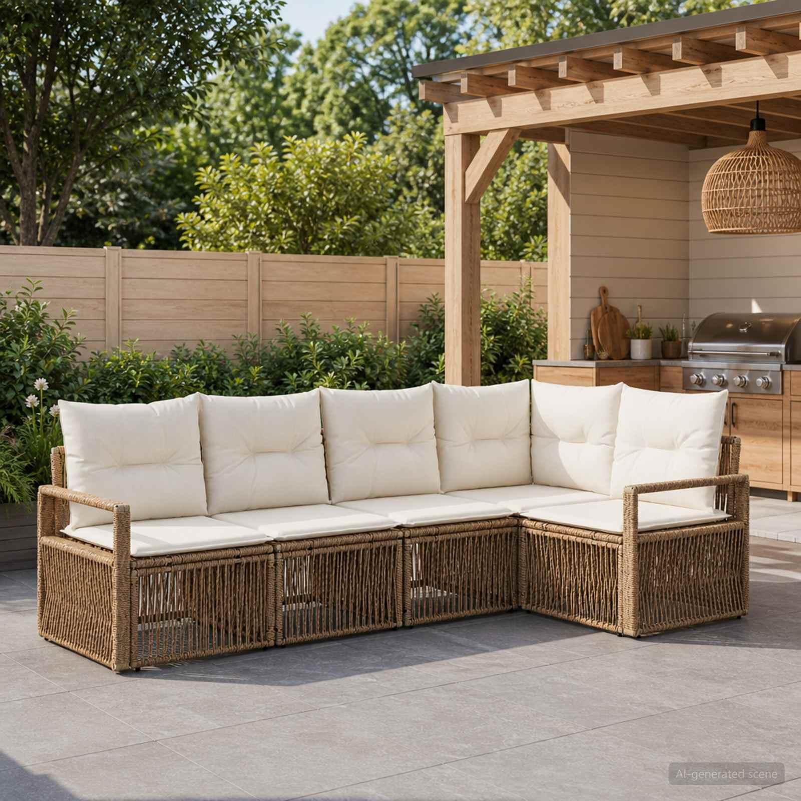 Havesofa sæt 5 stk. i beige polyrattan modulsofa