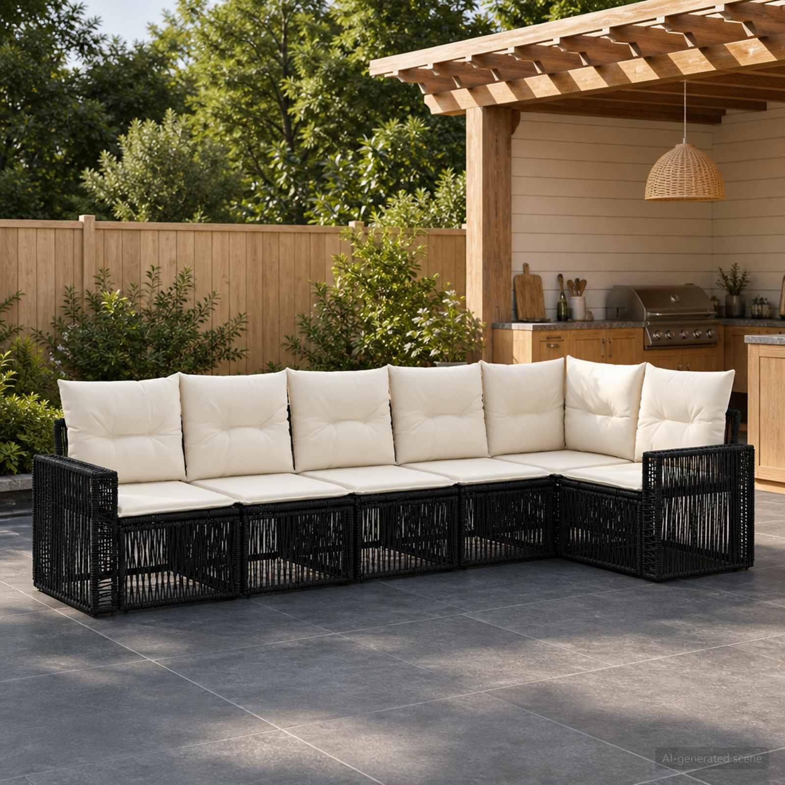 Havesofa sæt 6 stk. i polyrattan - sort og cremehvid modulsofa til terrasse