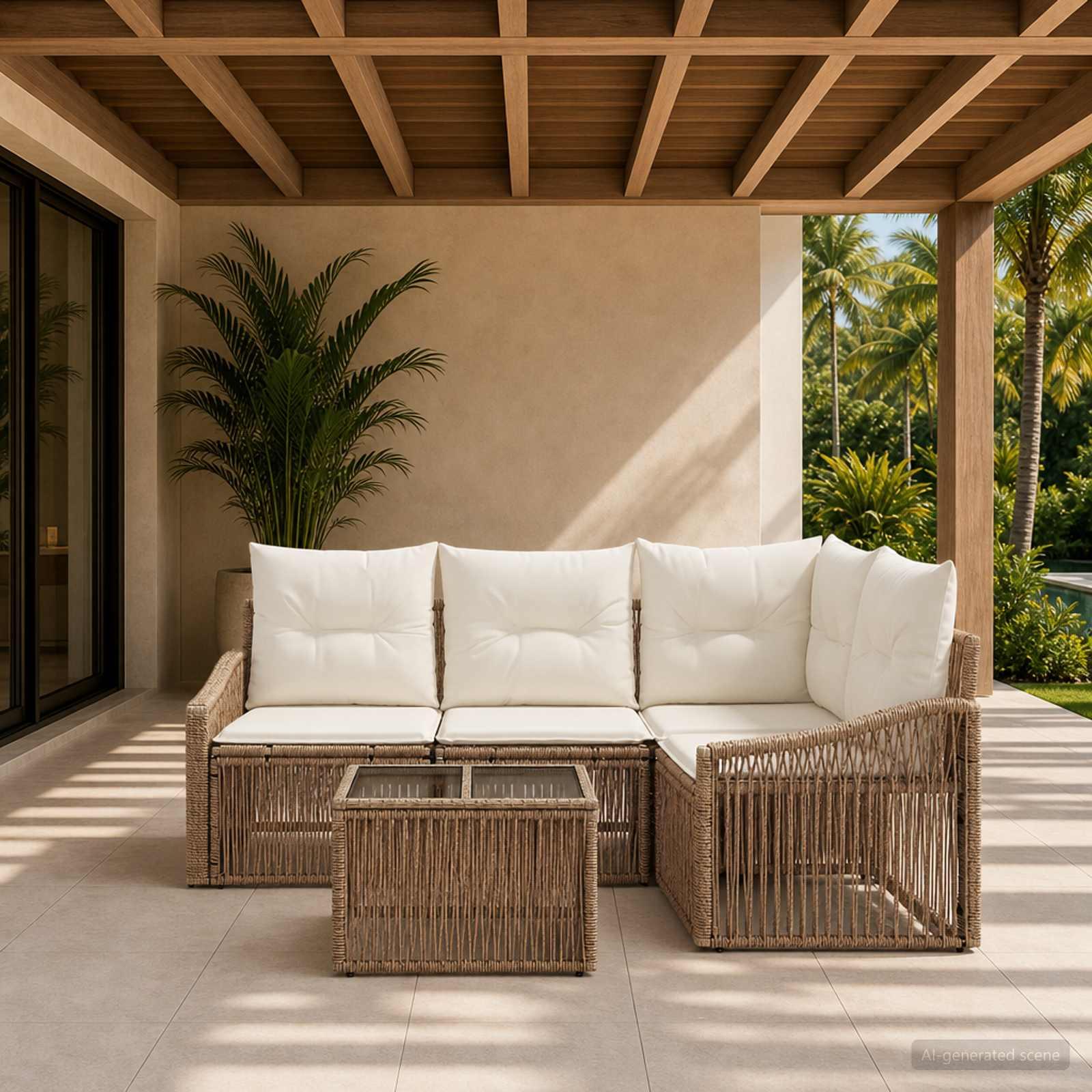 Havesofa sæt 5 stk. i beige polyrattan modulsofa