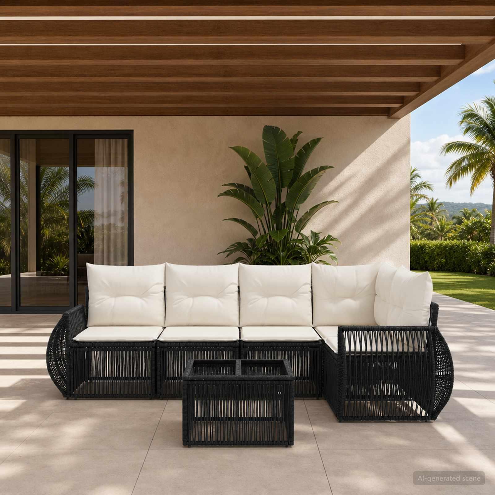 Havesofa sæt 6 stk. i sort og cremehvid polyrattan
