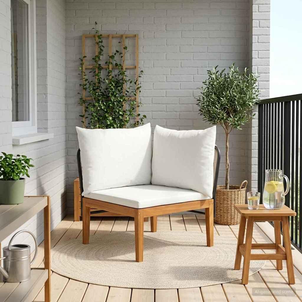Havemøbel hjørnesofa i massiv akacietræ med puder og reb