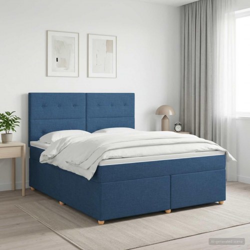 Boxmadras med topmadras og hovedgærde 140 x 190 cm - blå stof