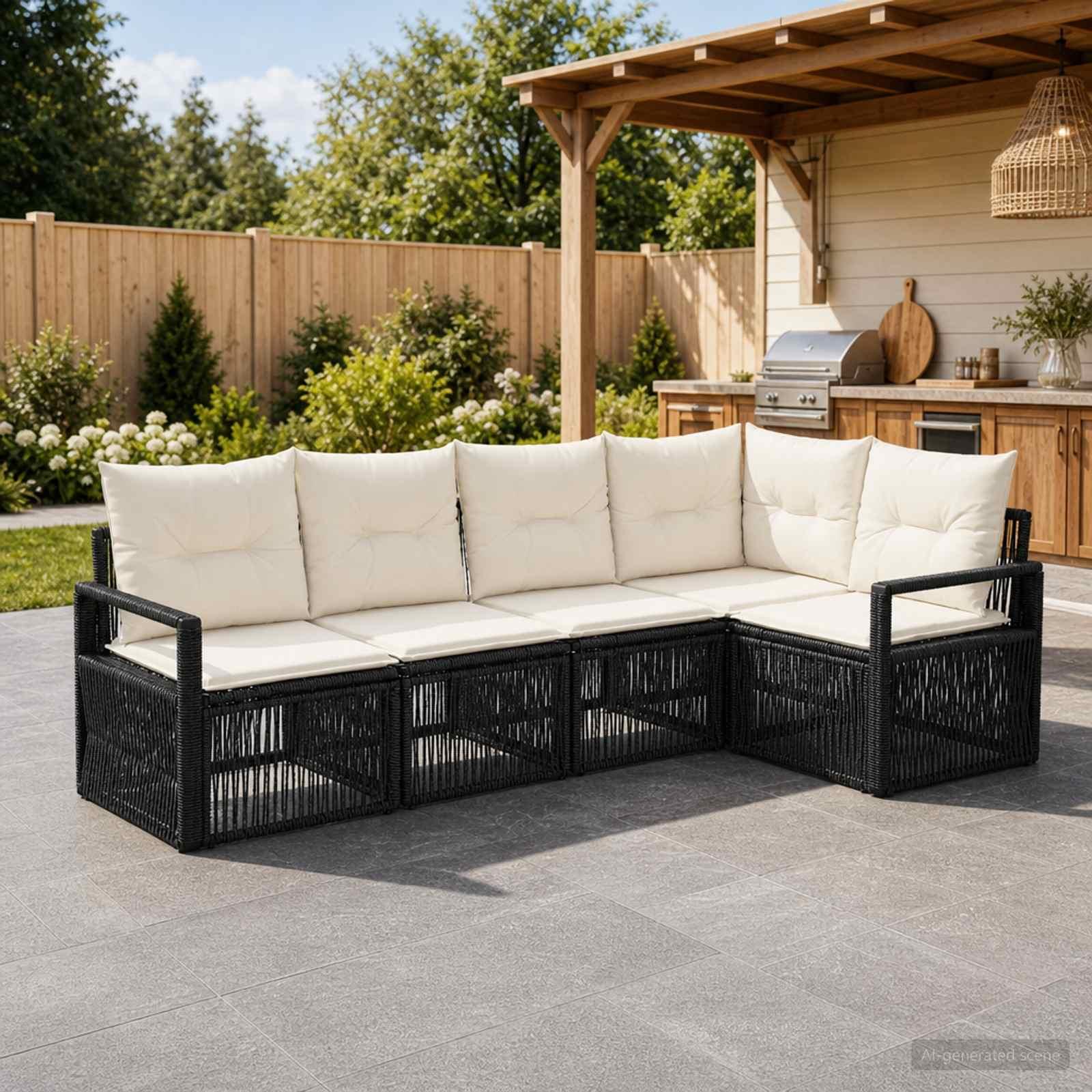 Havesofa sæt 5 stk. i sort polyrattan med hynder