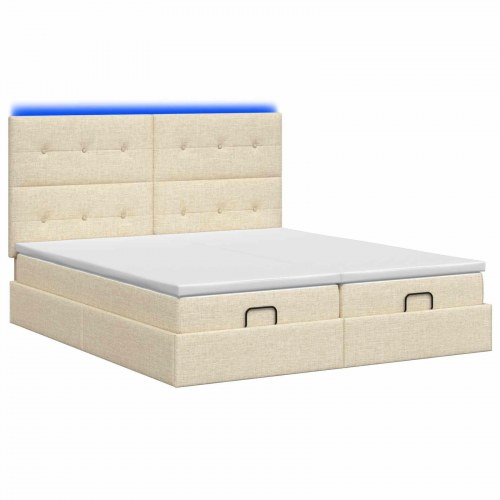 Ottoman seng med madras og LED 180 x 200 cm - cremefarvet stof