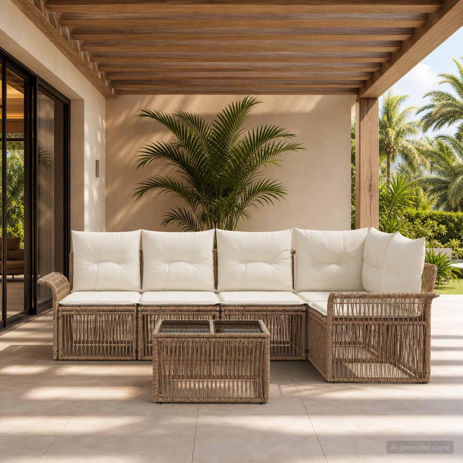 Havesofa sæt 6 stk. i beige polyrattan - modulært loungesæt til terrasse