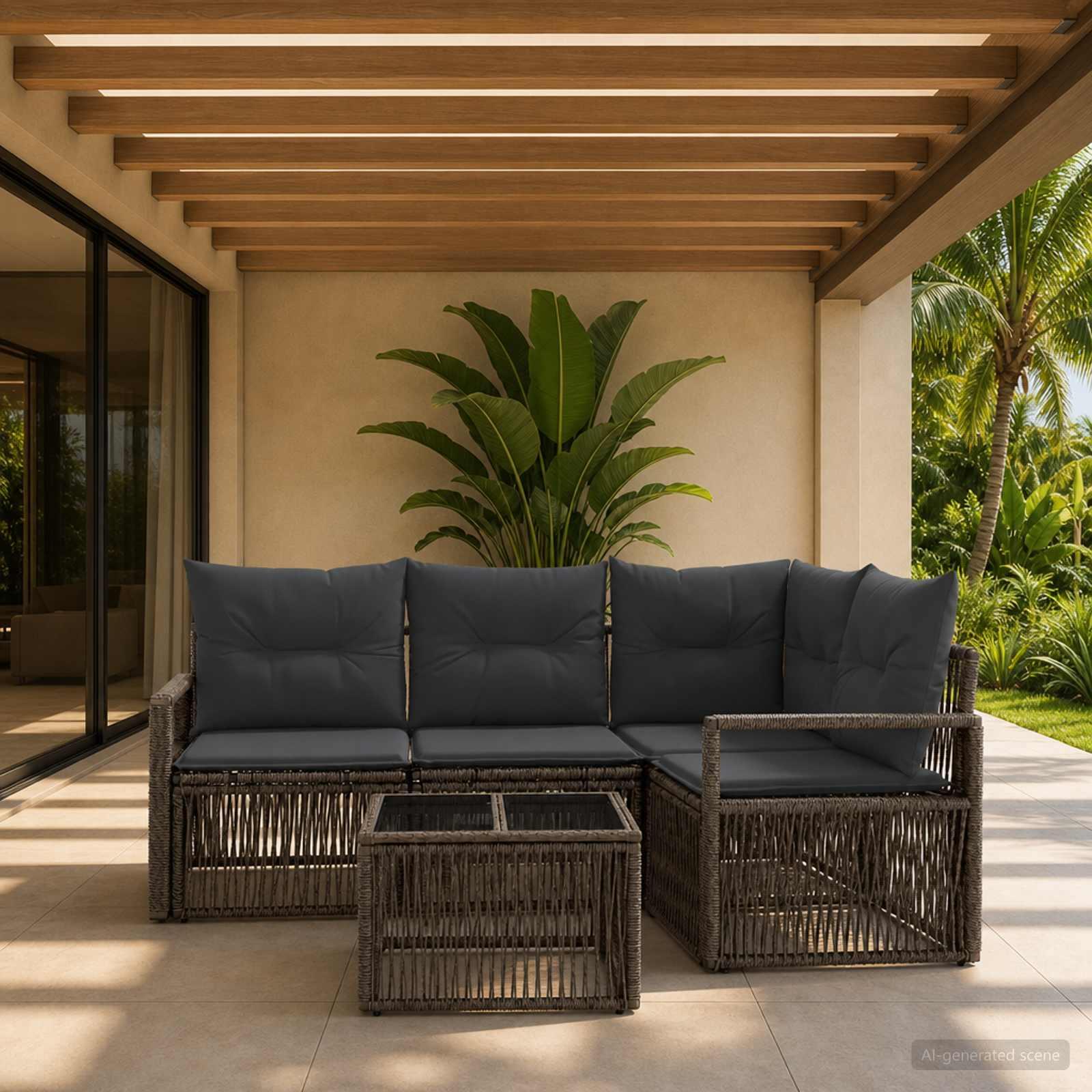 Havesofa sæt 5 stk. i grå polyrattan til terrasse og have