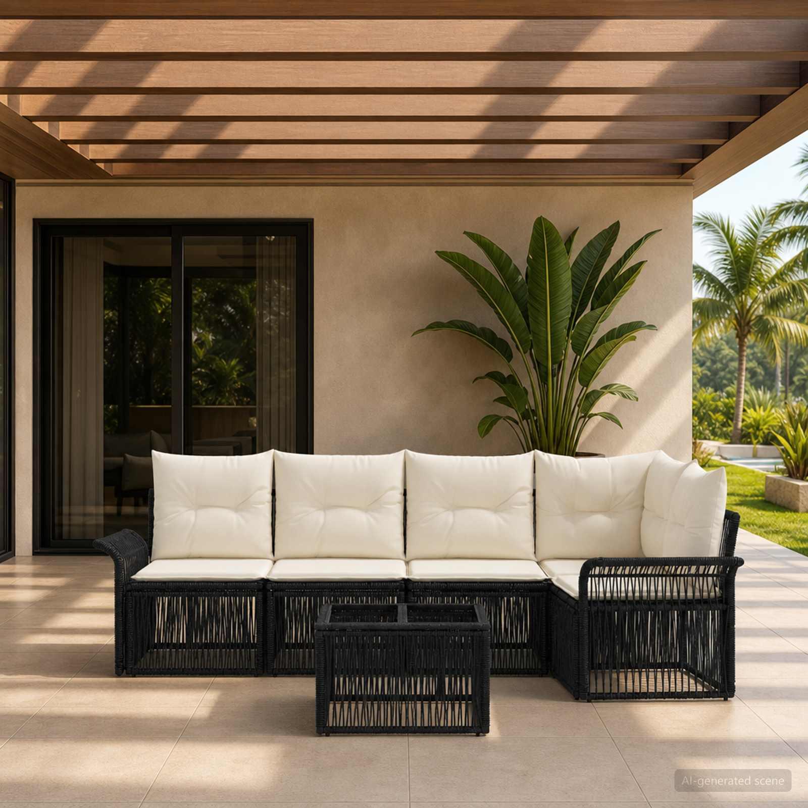 Havesofa sæt 6 stk. i sort polyrattan med puder
