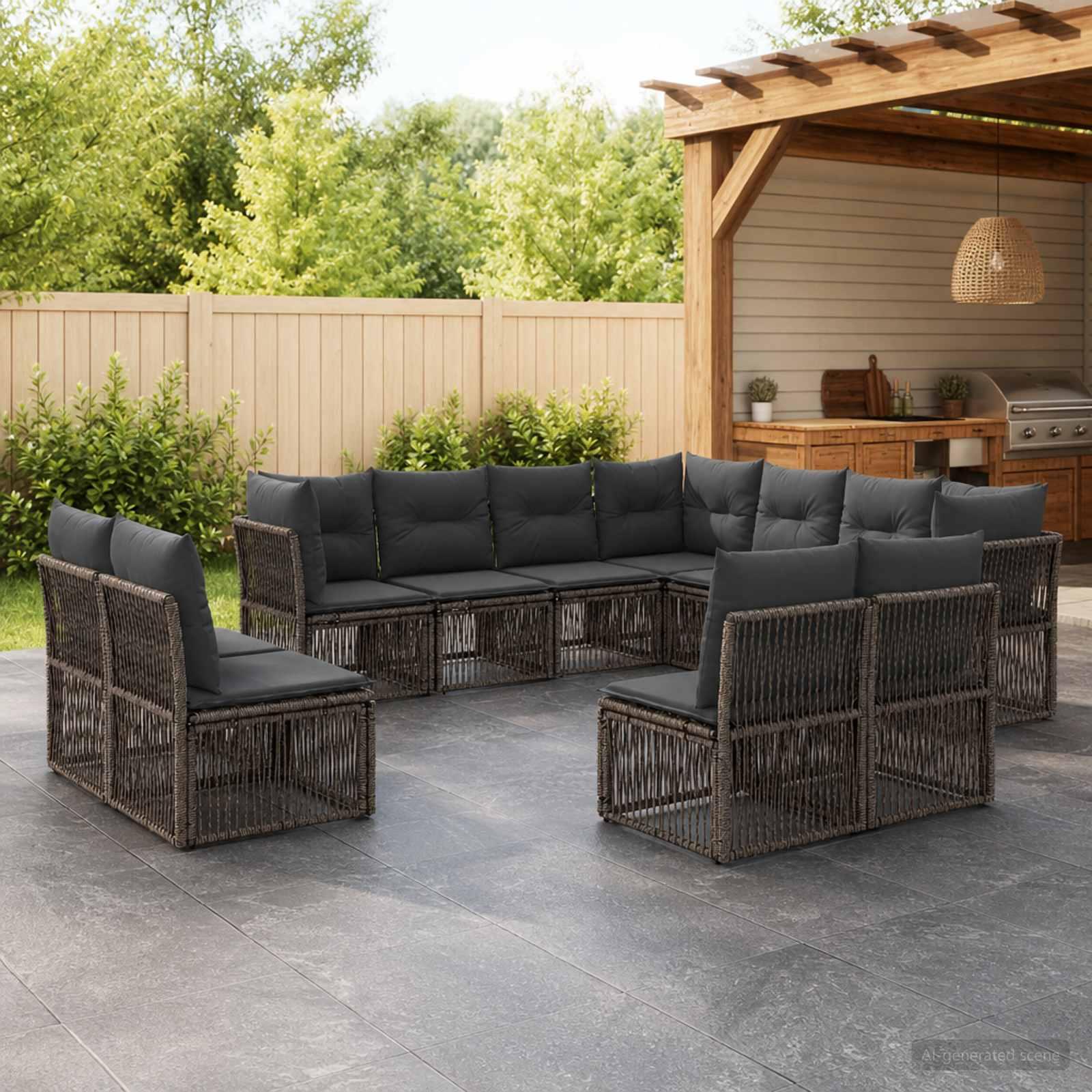 Havesofa sæt 11 stk. i grå polyrattan - modulært loungesæt til have og terrasse