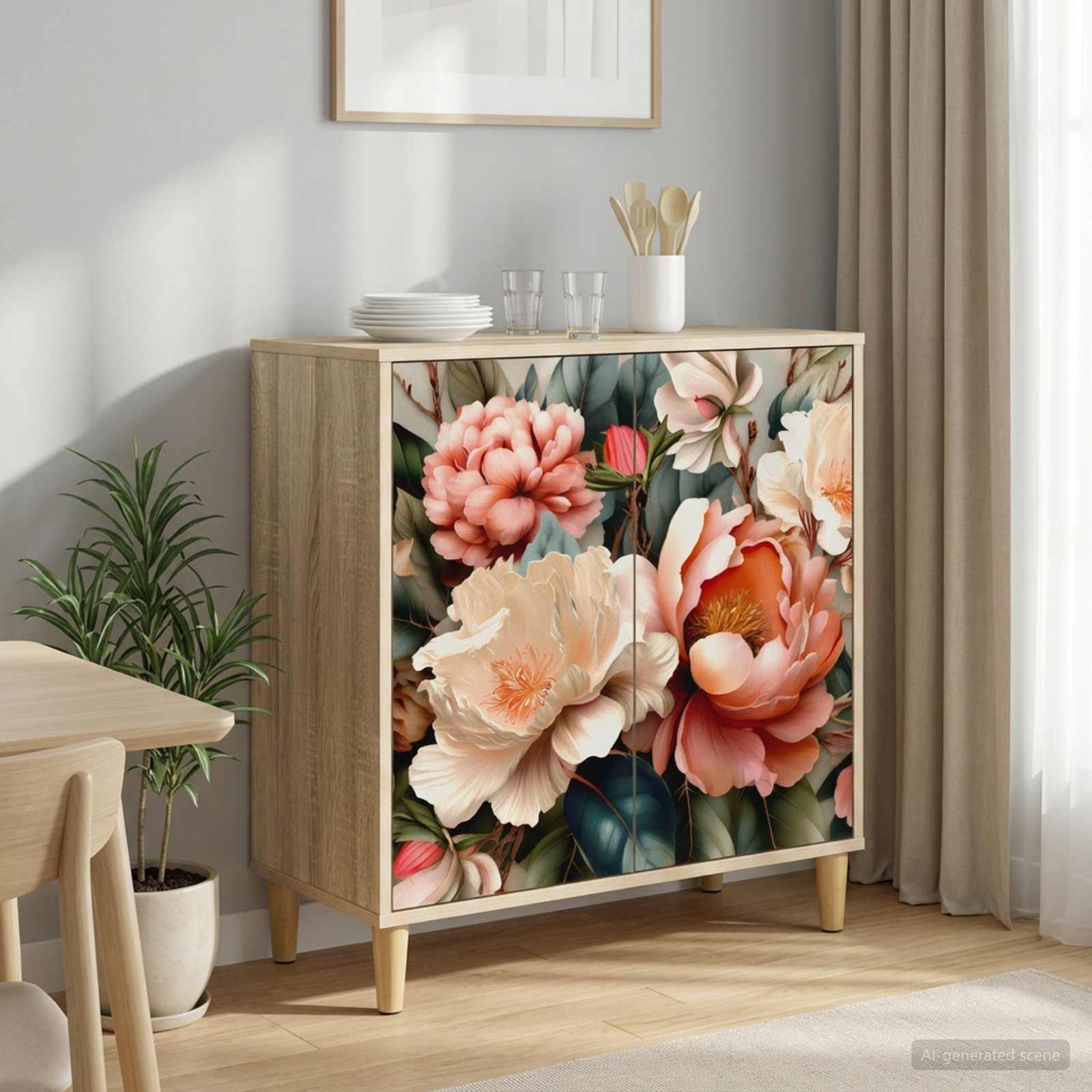 Sideboard BORNE i sonoma-eg med blomstermotiv 75 x 69 x 33 cm