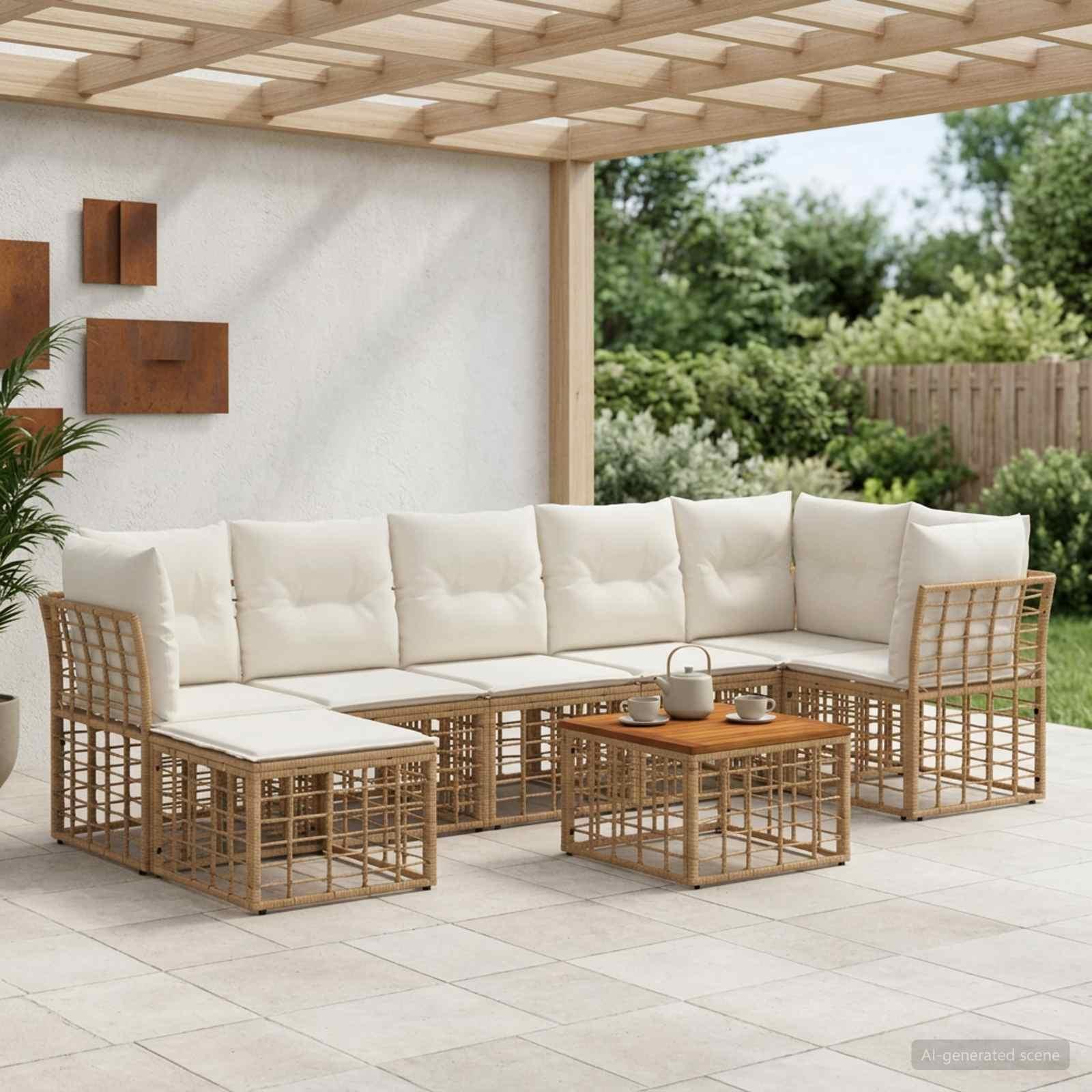 Udendørs sofagruppe 8 stk. i polyrattan - naturlig og cremehvid