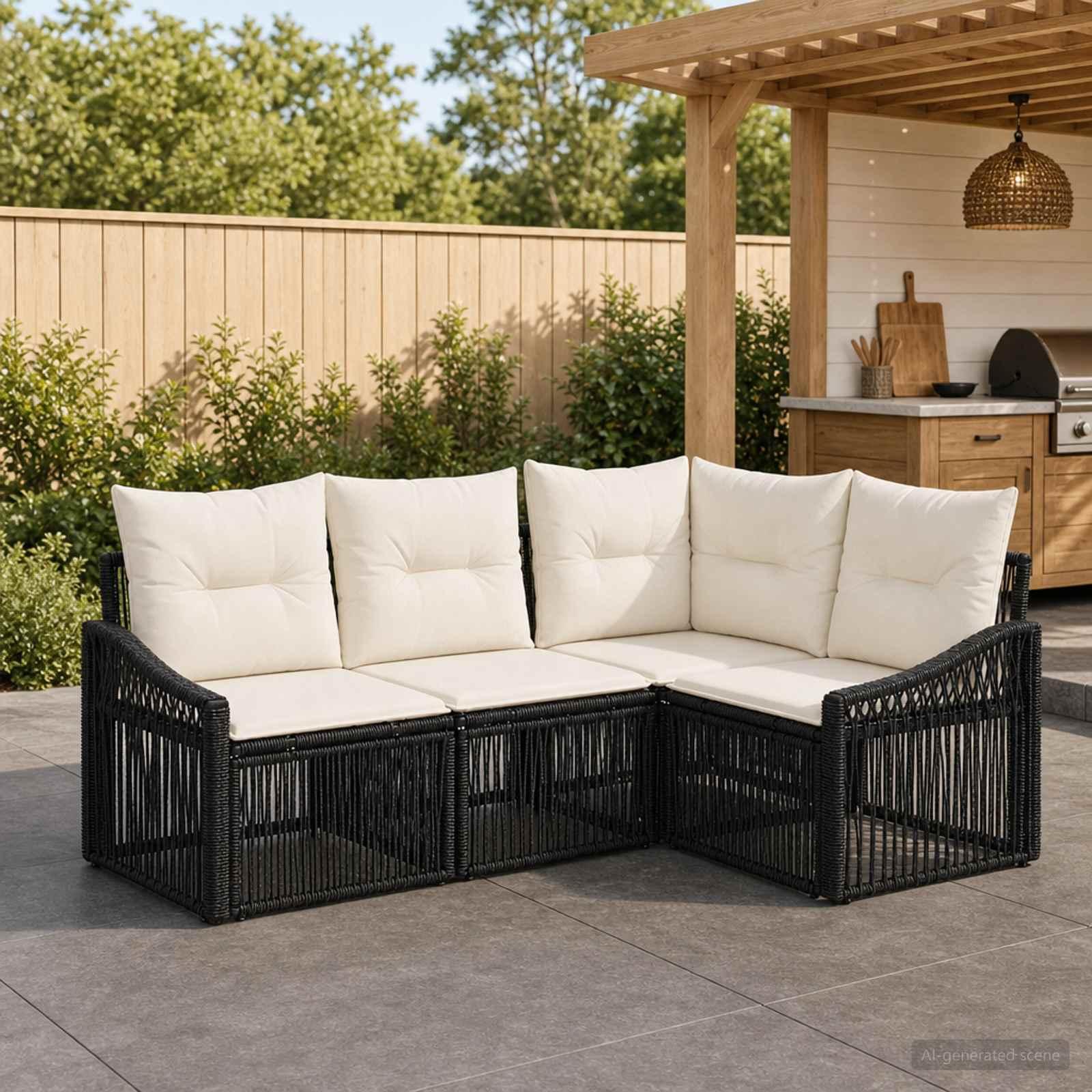 Havesofa sæt 4 stk. i sort polyrattan med hynder