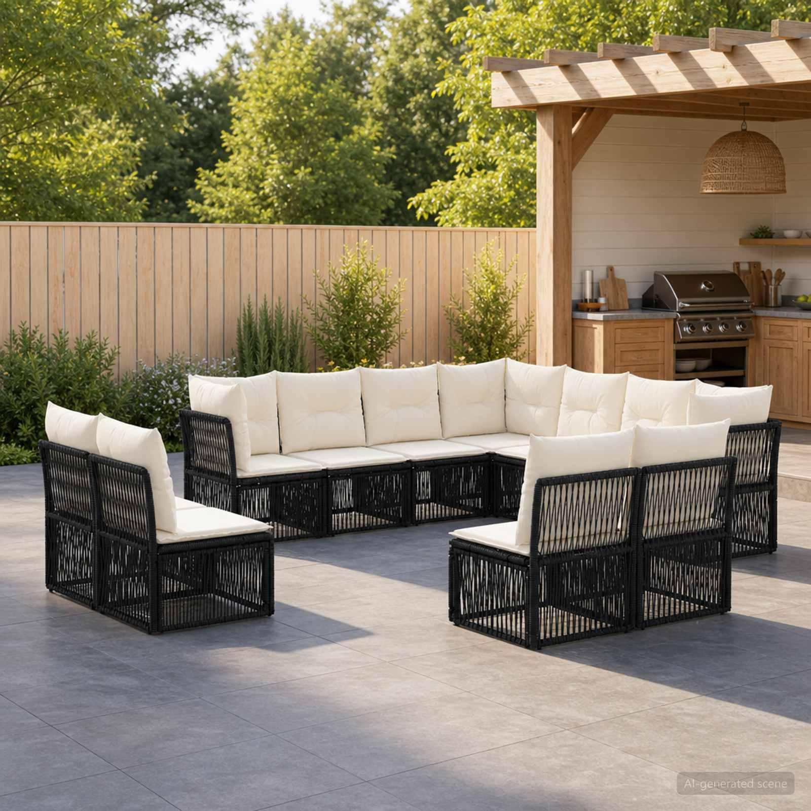 Havesofa sæt 11 stk. i sort polyrattan med hynder