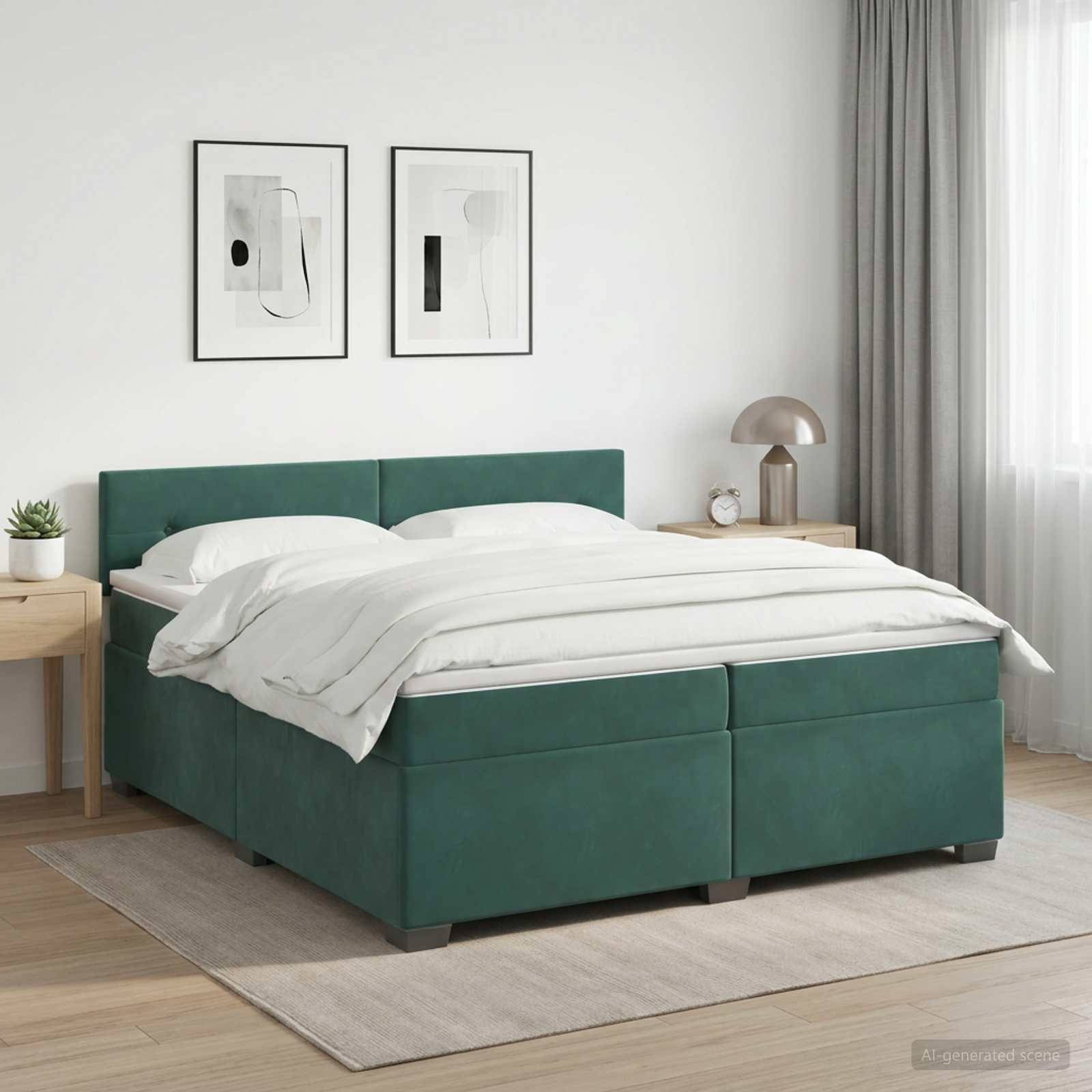 Boksmadras seng med topmadras 200 x 200 cm i mørkegrøn fløjl
