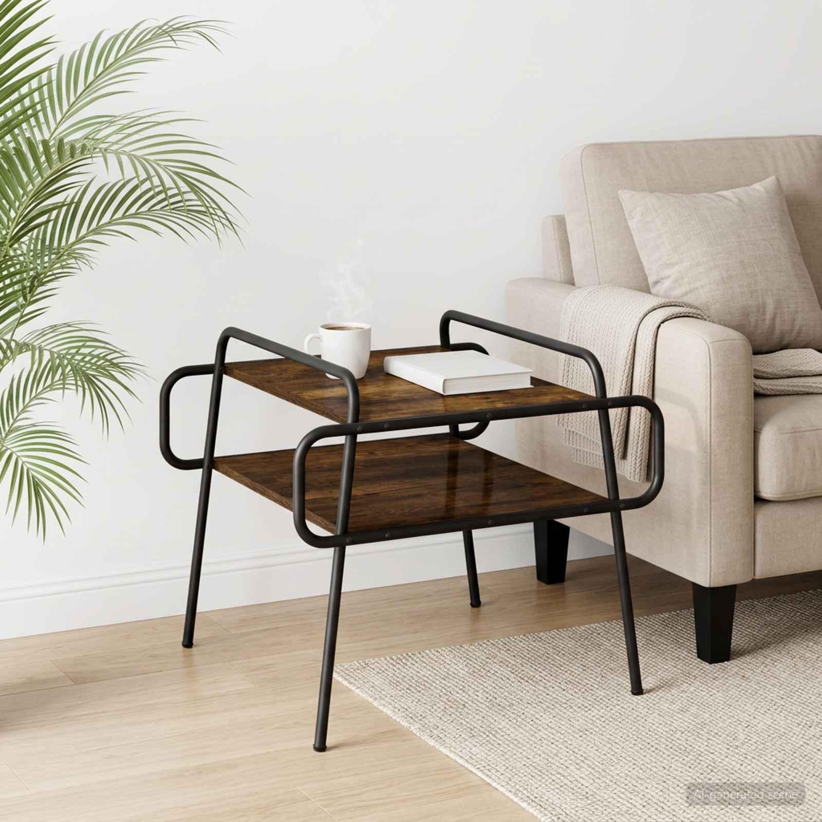 Sofabord i røget eg 50 x 50 x 51 cm med 2 hylder