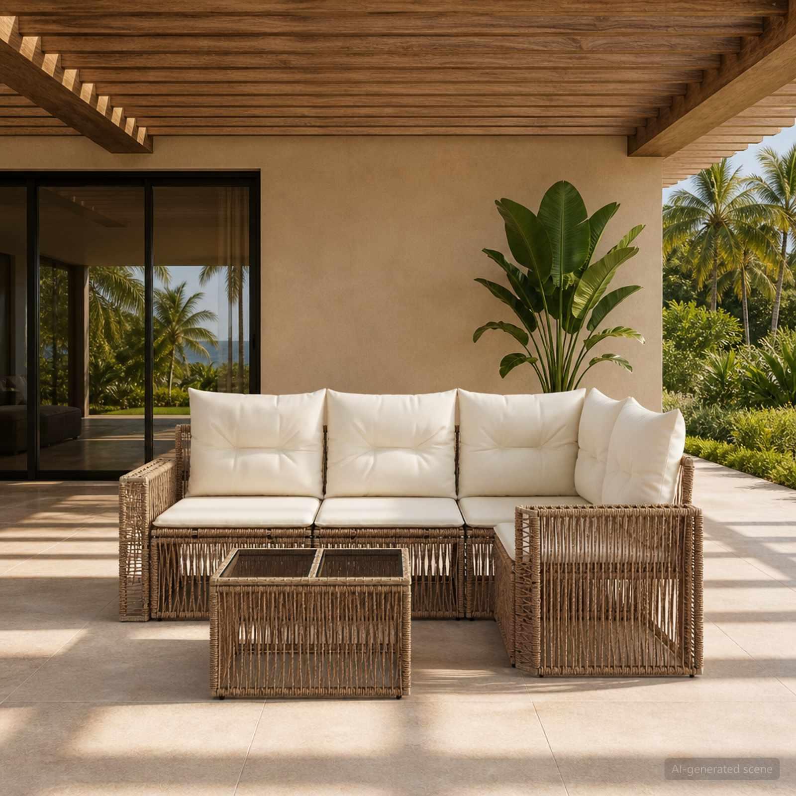Havesofa sæt 5 dele i beige og cremehvid polyrattan
