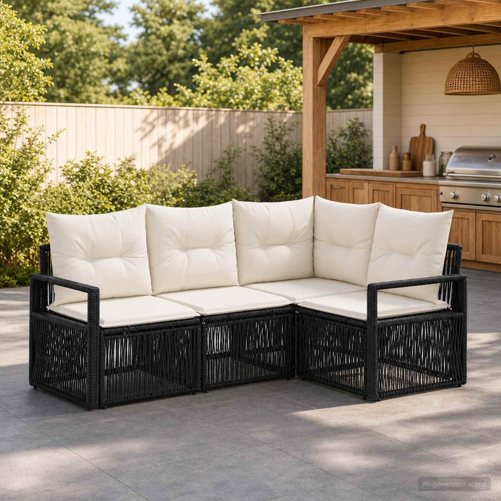 Havesofa sæt 4 dele i sort polyrattan med cremehvide hynder
