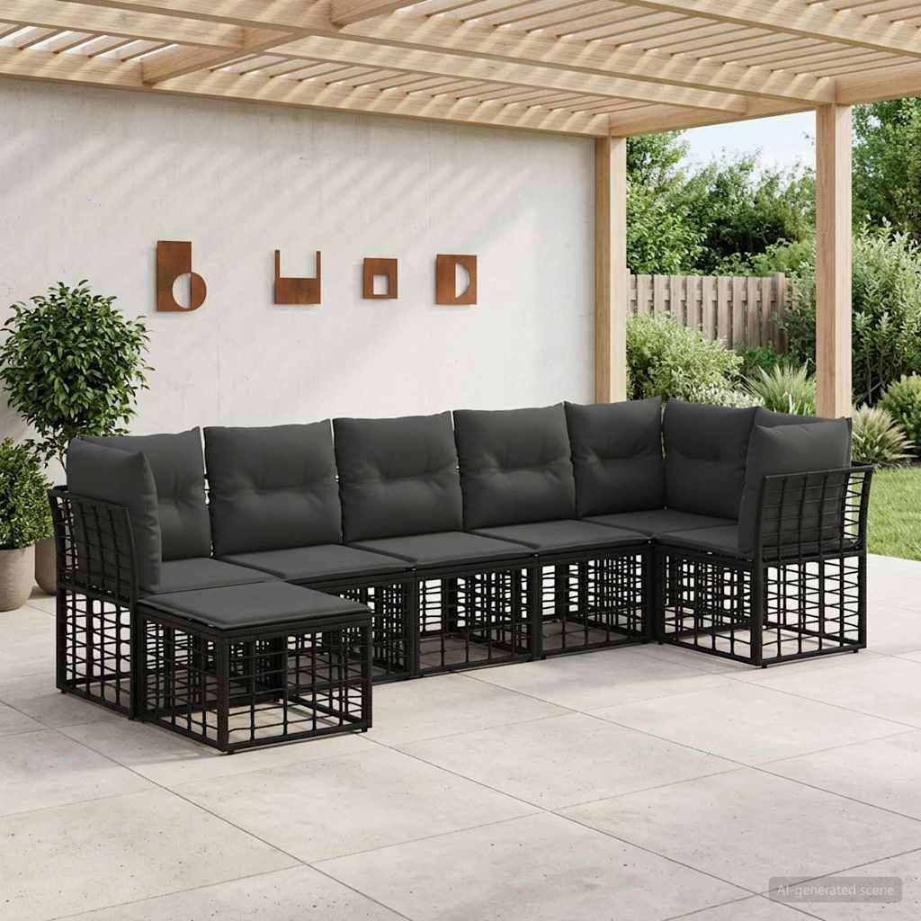 Udendørs sofagruppe i sort polyester og polyrattan til 7 personer