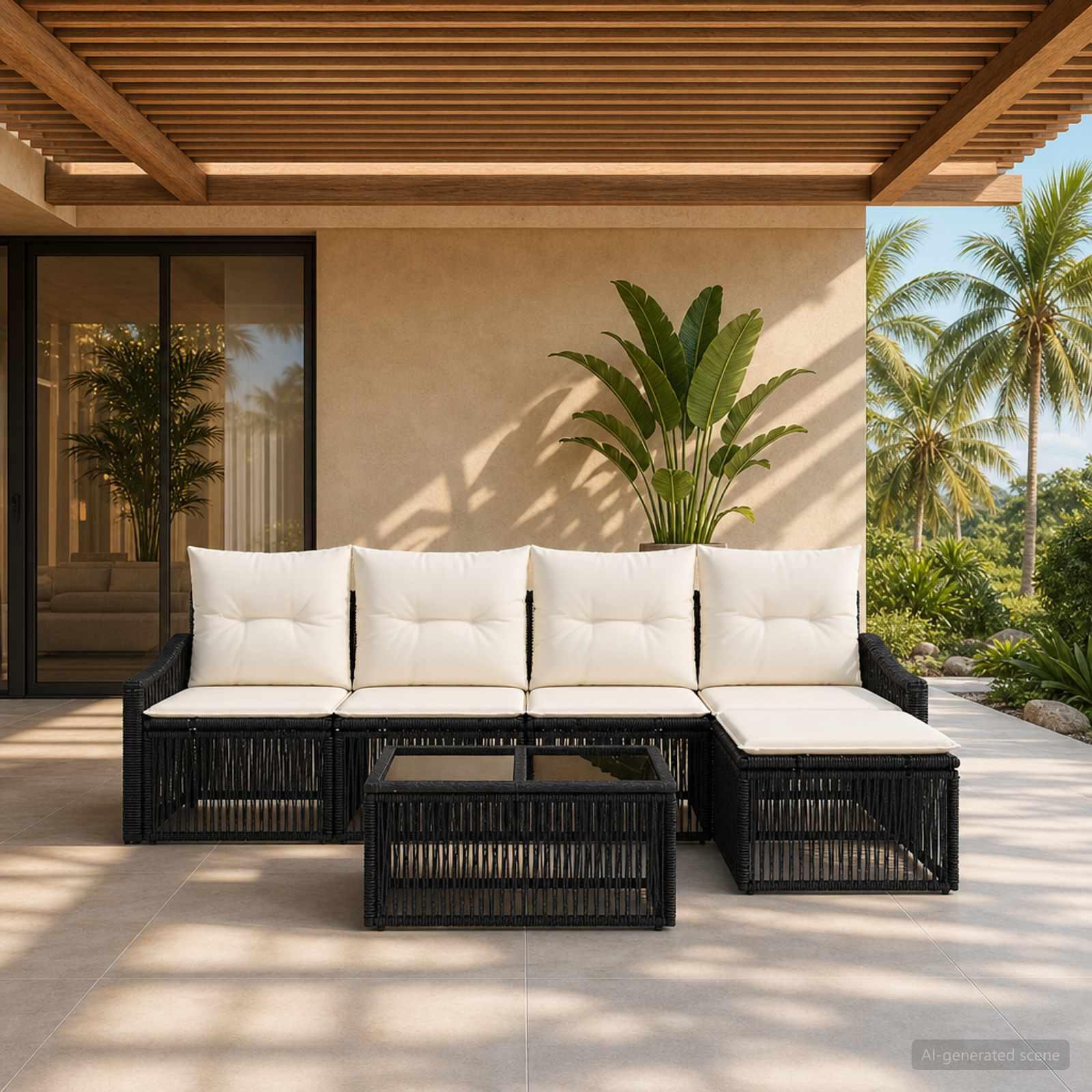Havesofa sæt 6 stk. i sort polyrattan til terrasse og have