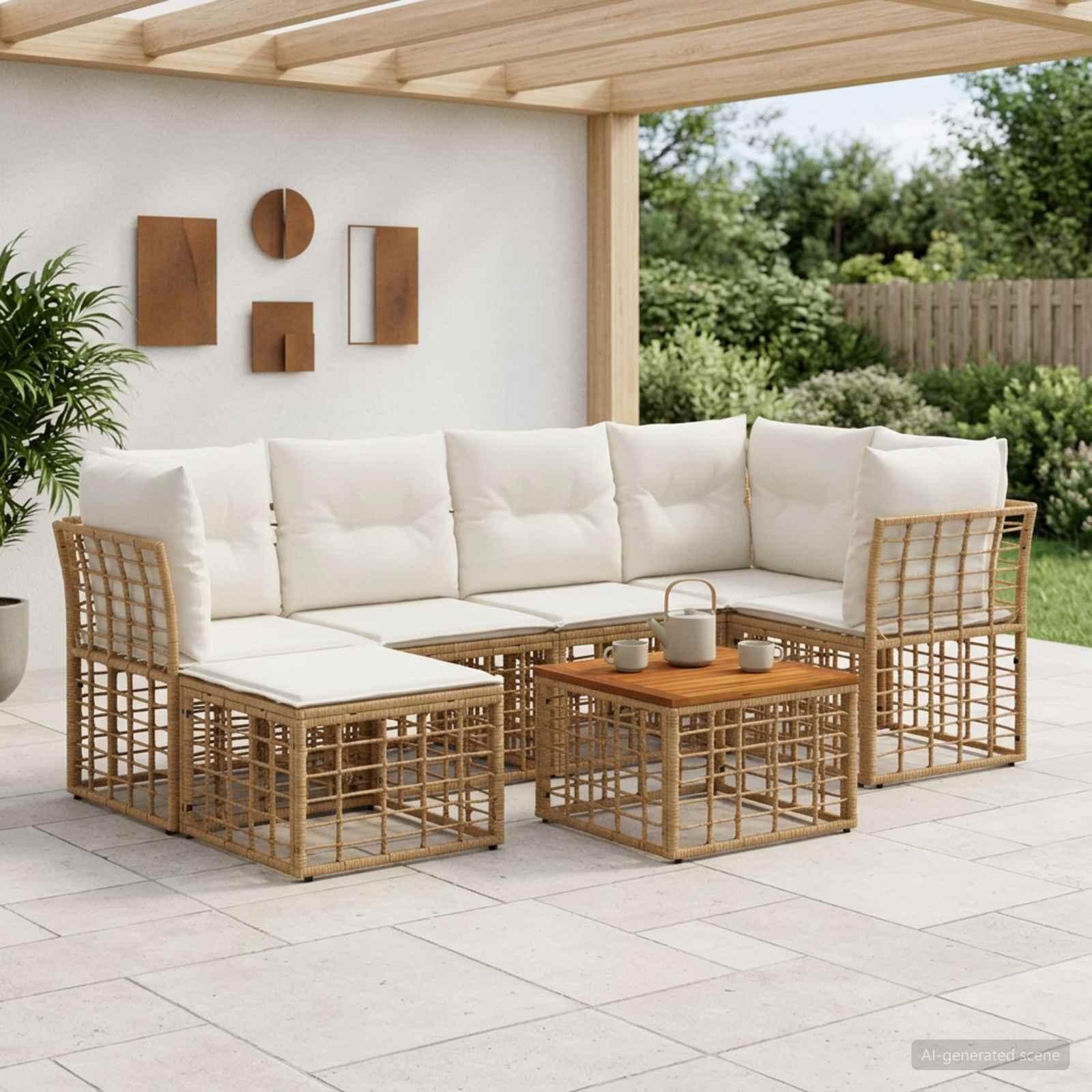 Udendørs sofagruppe 7 stk. i polyrattan - naturlig og cremehvid