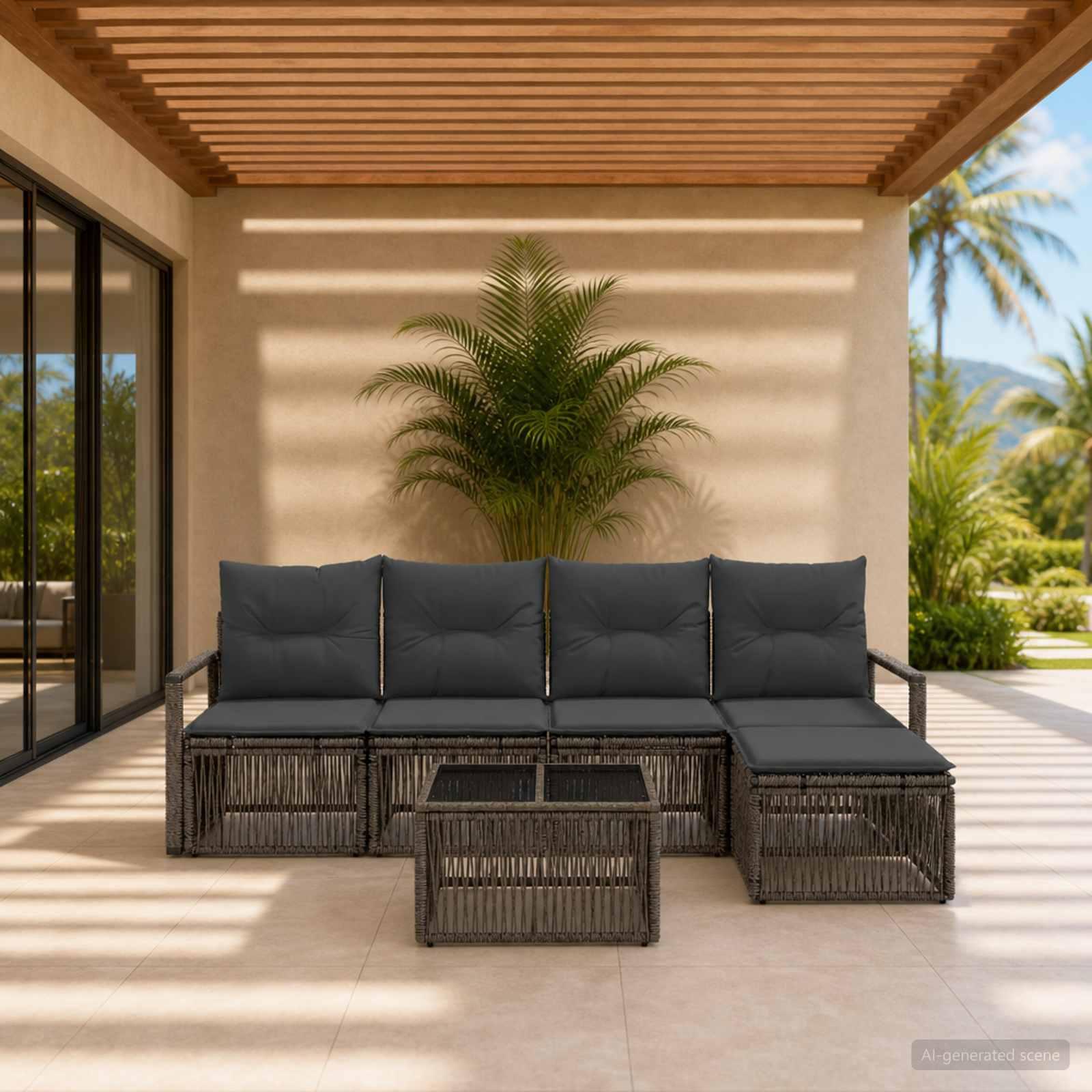 Havesofa sæt 6 stk. i grå polyrattan til terrasse og have
