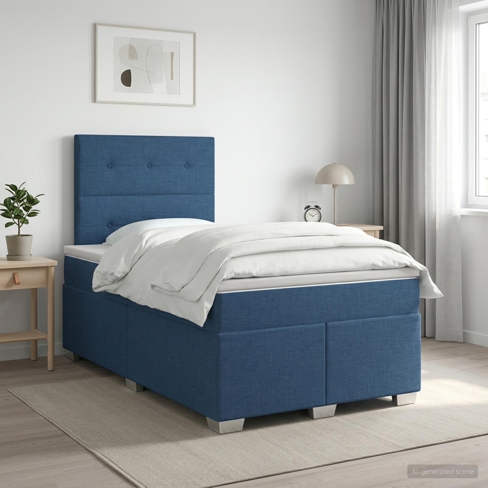 Boxmadras med topmadras og justerbar hovedgavl 120 x 190 cm - blå stof