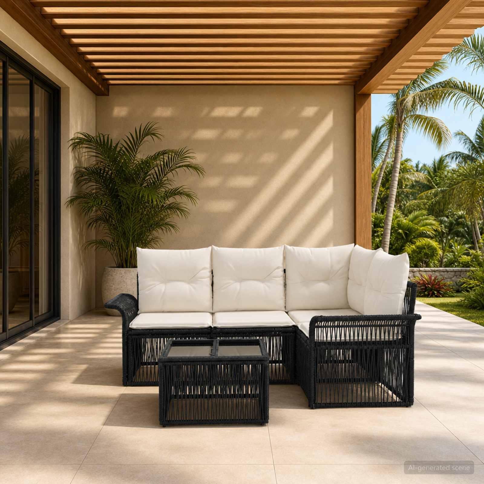 Havesofa sæt 5 stk. i sort polyrattan med bord
