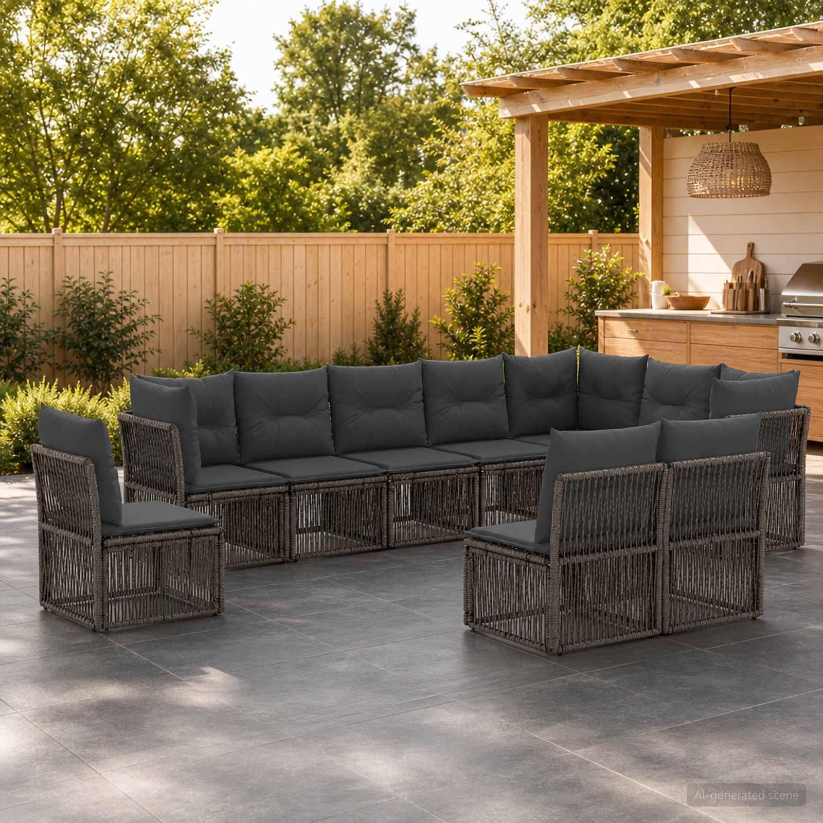 Havesofa sæt 10 stk. i grå polyrattan - modulært loungesæt til have og terrasse