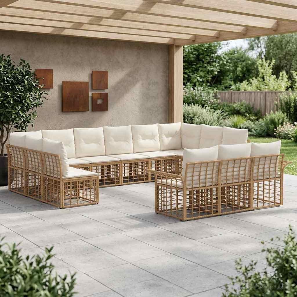 Udendørs sofagruppe 13 stk. i poly rattan - naturlig og cremehvid