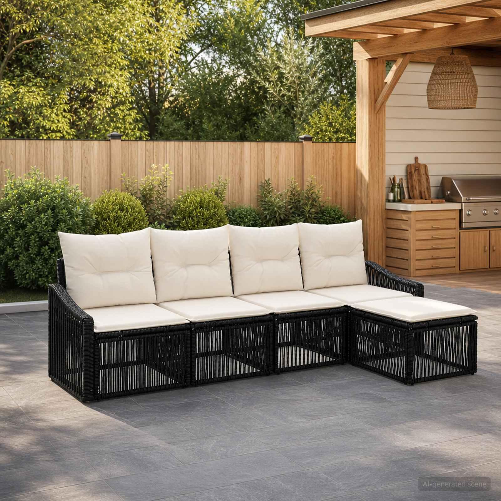 Havesofa sæt 5 stk. i sort polyrattan med puder