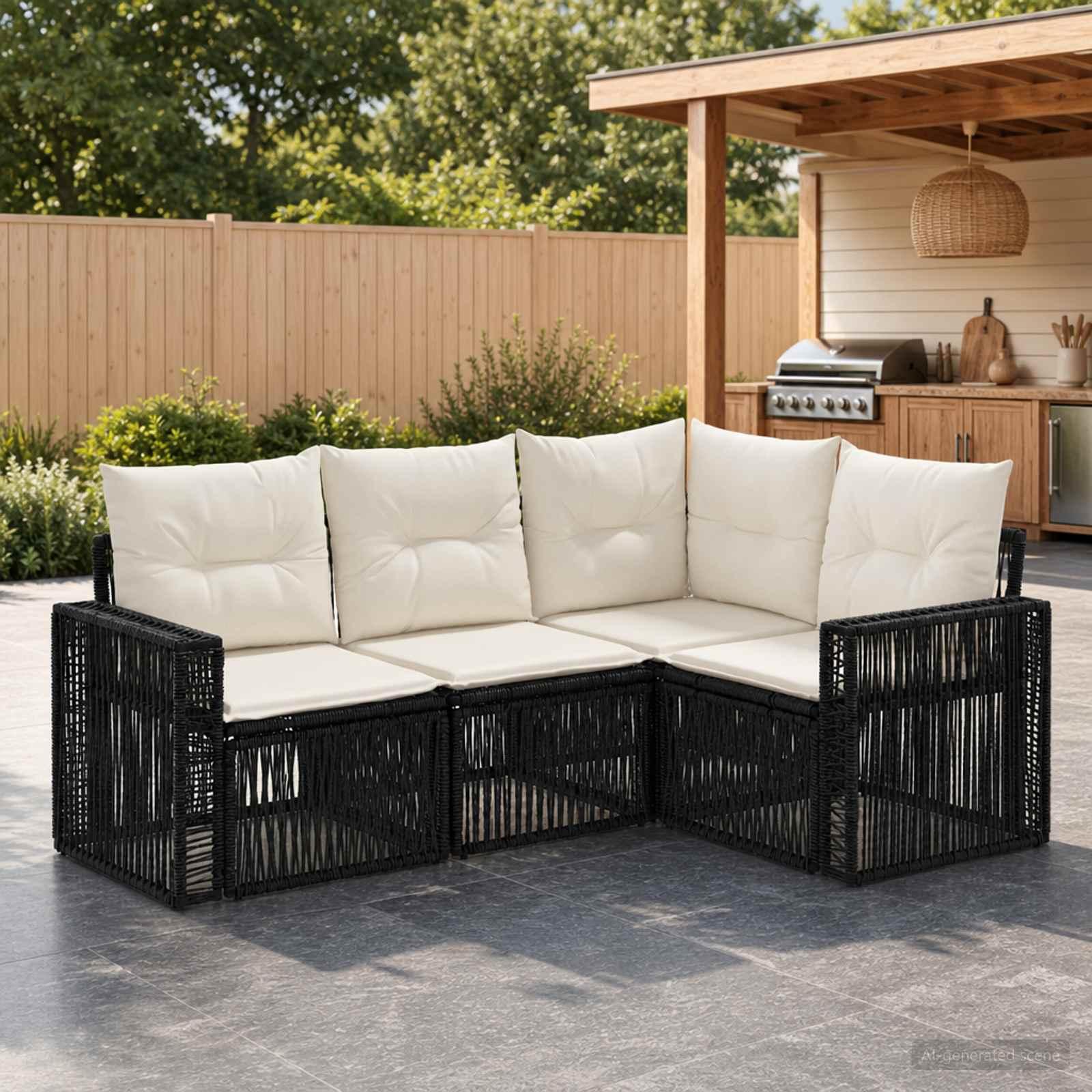 Havesofa sæt 4 dele i sort og cremehvid polyrattan