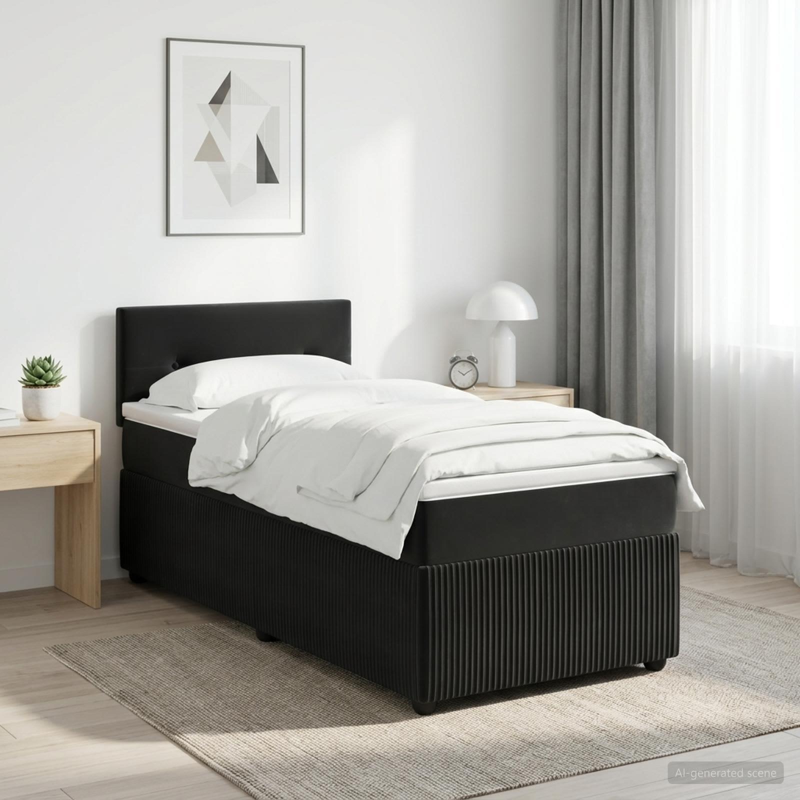Boksmadrasseng med topmadras og justerbar hovedgavl 100 x 200 cm - sort fløjl