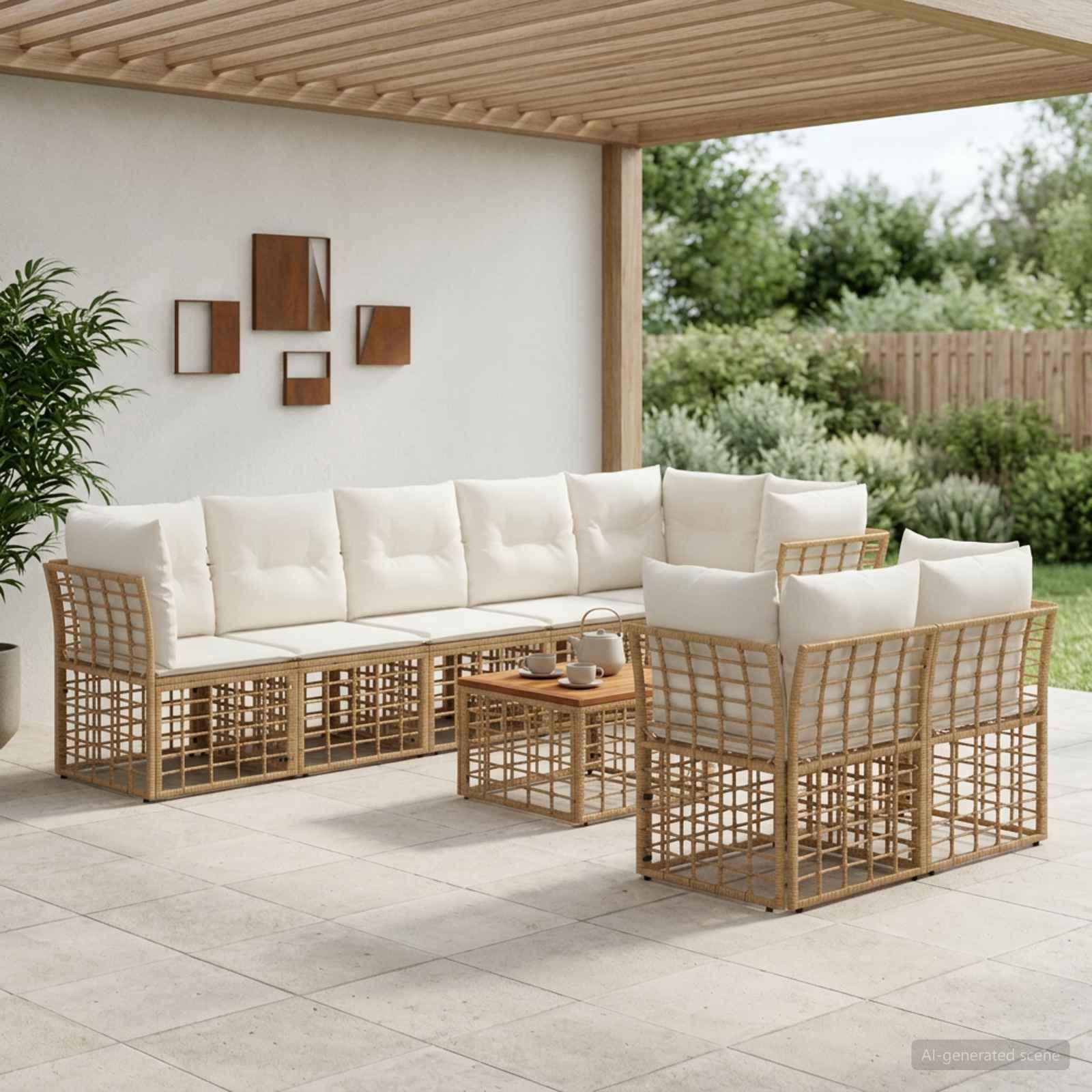Udendørs sofagruppe 9 stk. i polyrattan - naturlig og cremehvid