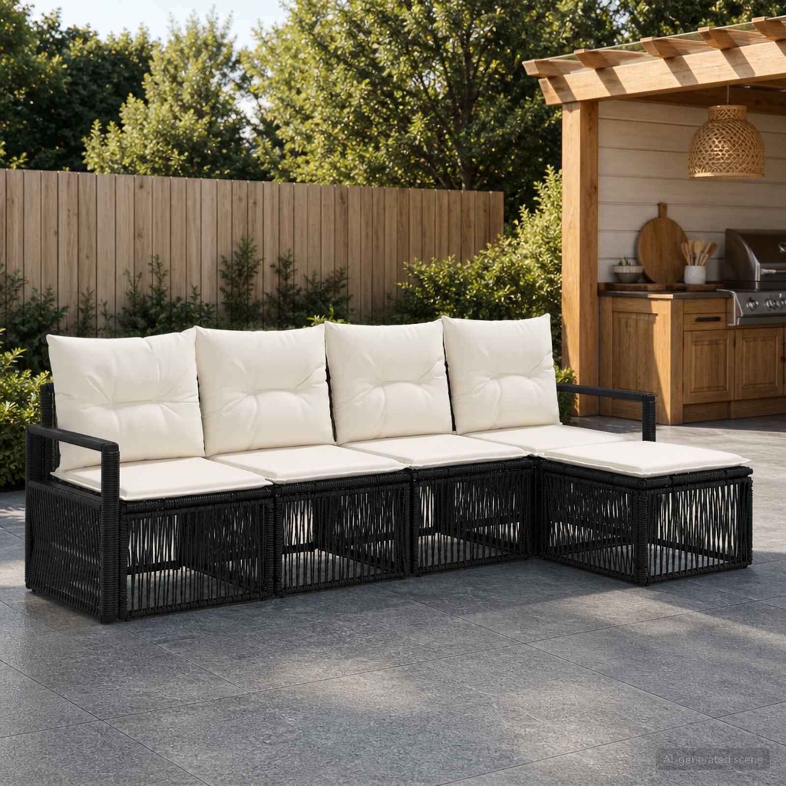 Havesofa sæt 4 stk. sort polyrattan med puder
