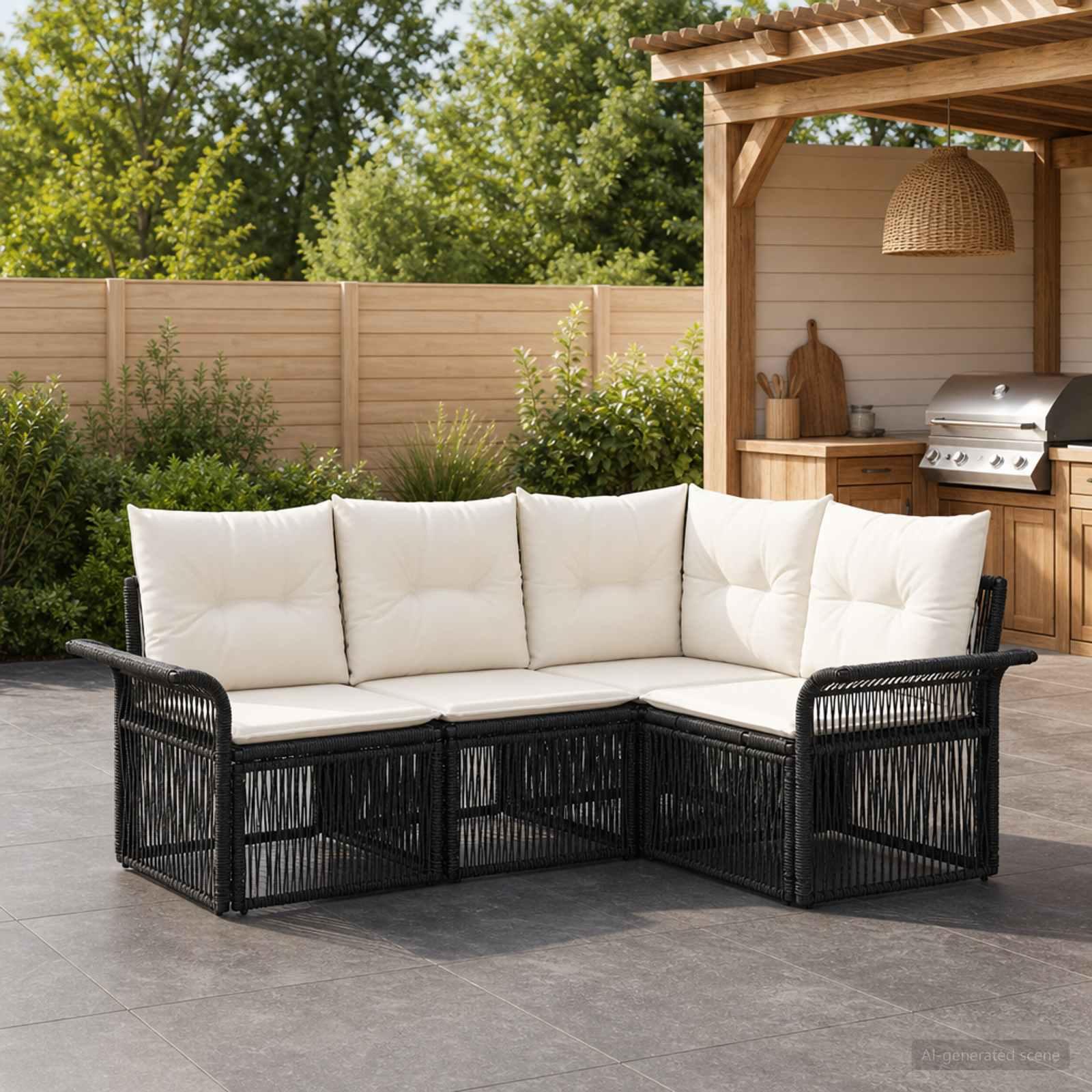 Havesofa sæt 4 stk. i sort polyrattan med puder