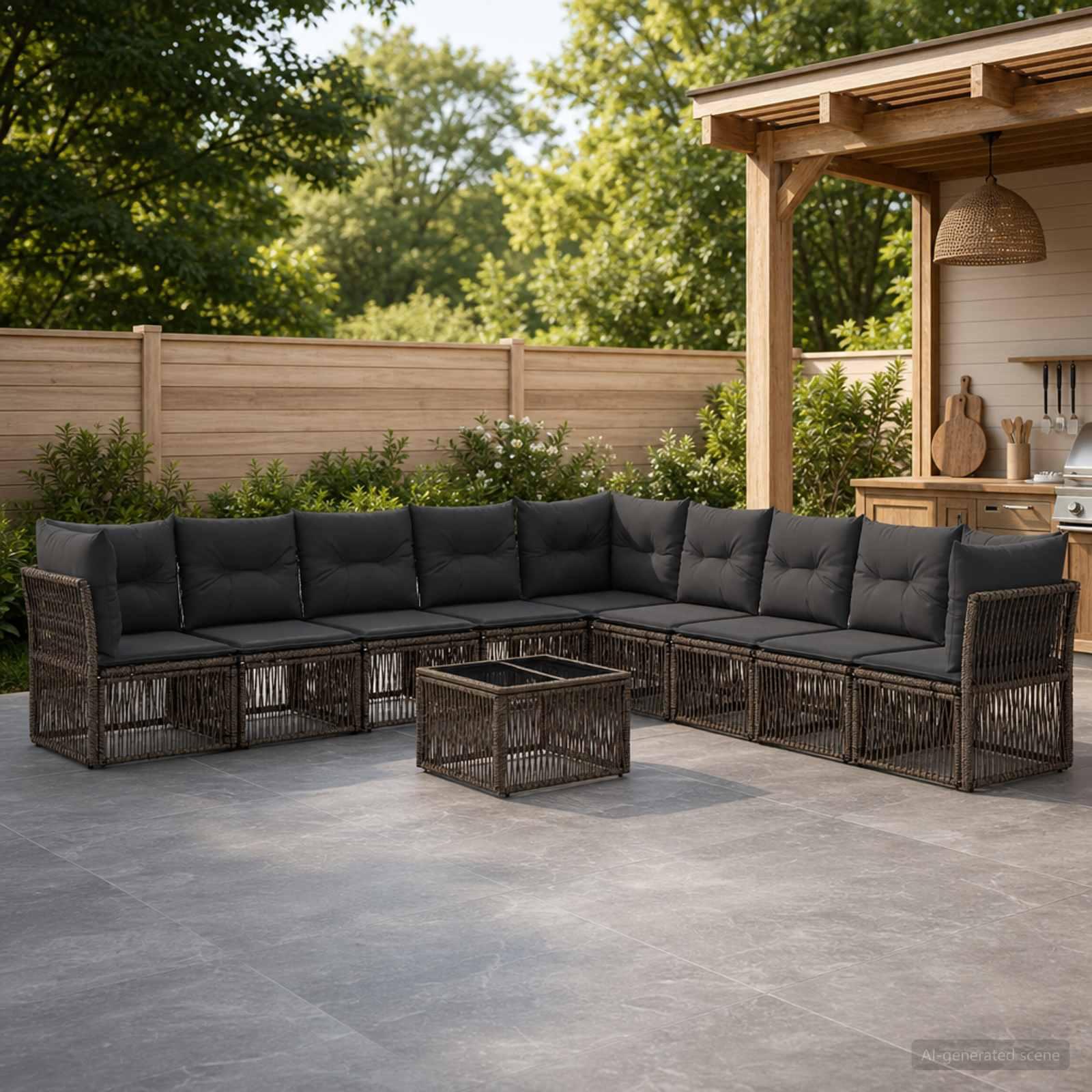 Havesofa sæt 10 stk. i grå polyrattan til terrasse og have