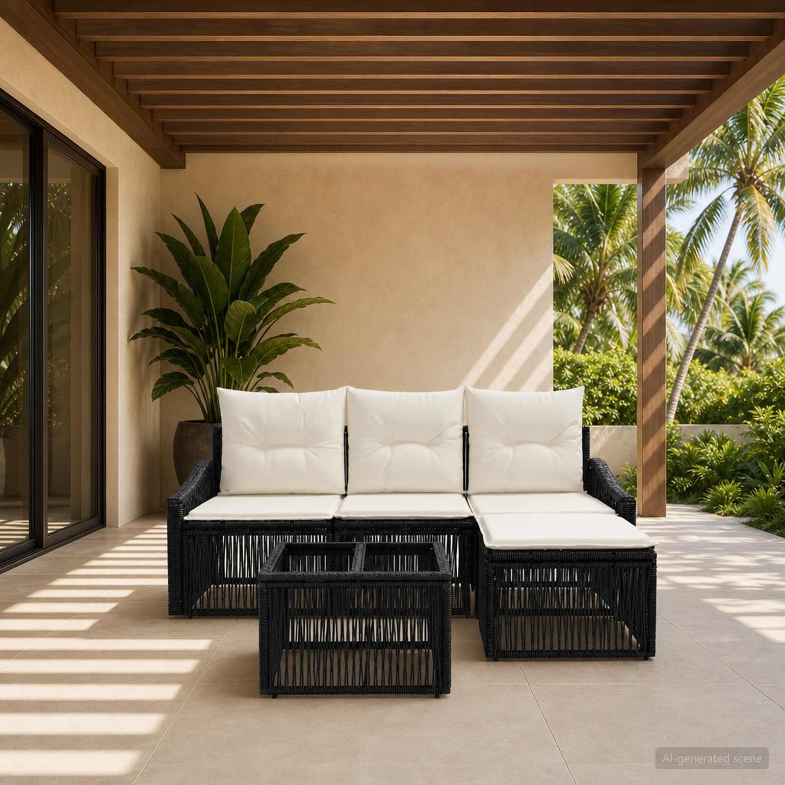 Havesofa sæt 5 stk. i sort polyrattan med puder