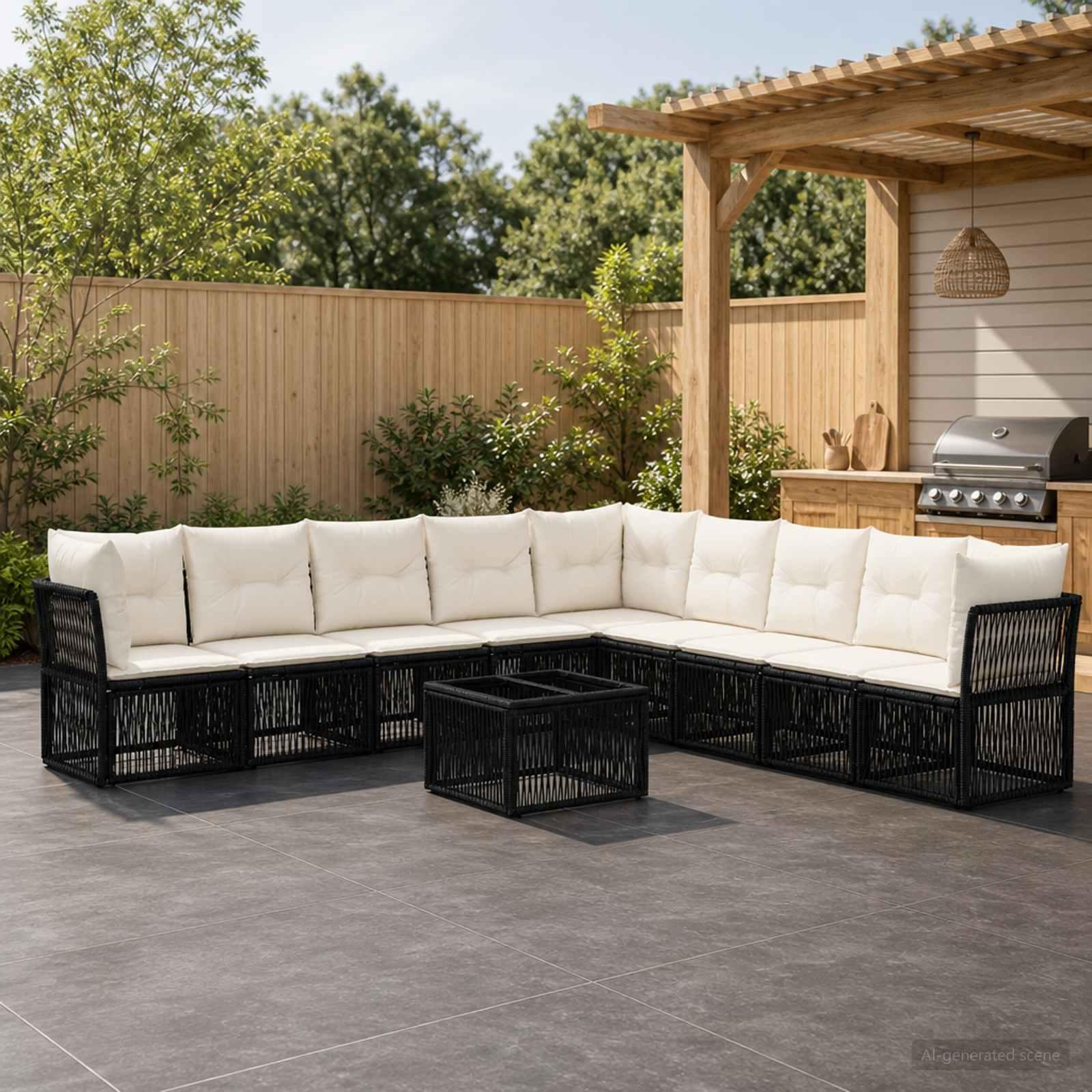 Havesofa sæt 10 stk. i sort polyrattan modulært loungesæt