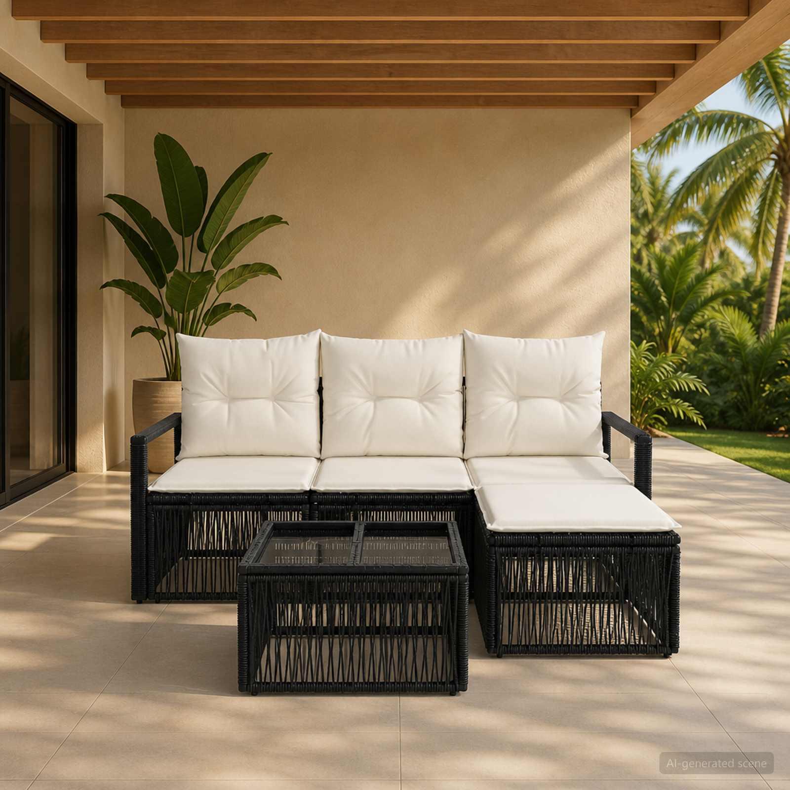 Havesofa sæt 5 stk. i sort polyrattan med bord