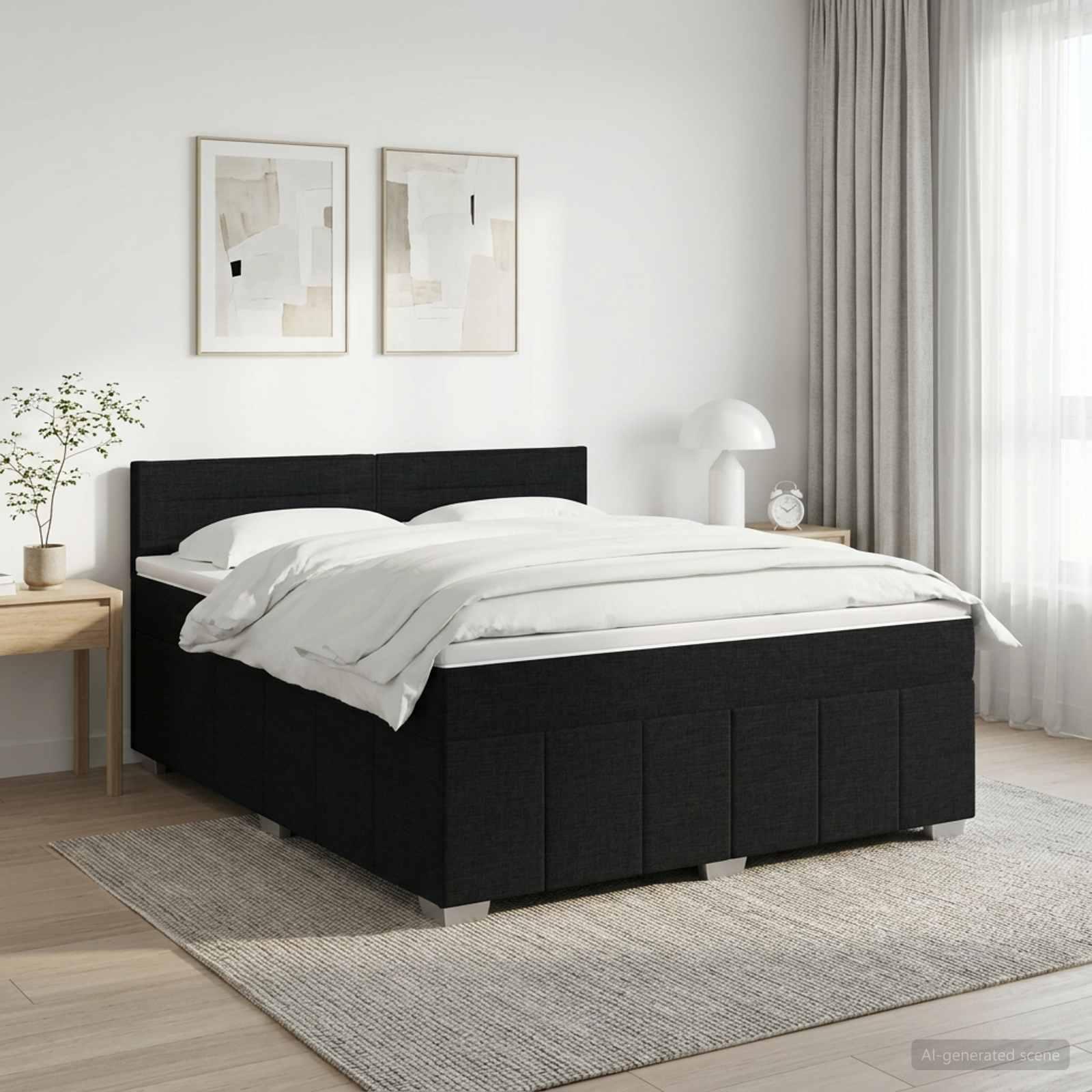 Boksmadras med topmadras og hovedgærde 140 x 190 cm sort stof