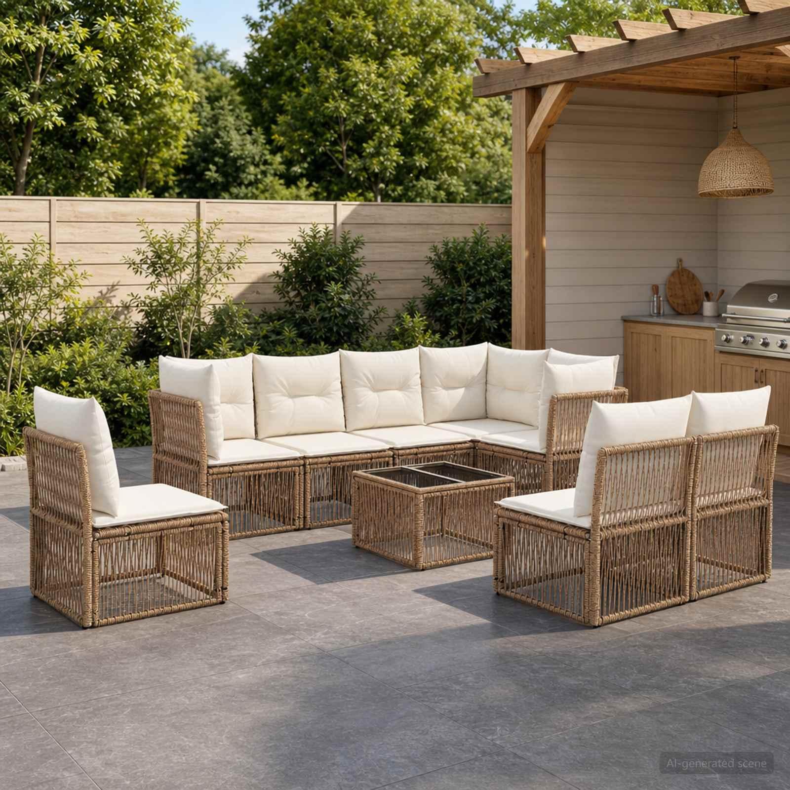 Havesofa sæt 9 dele i beige polyrattan - modulært loungesæt