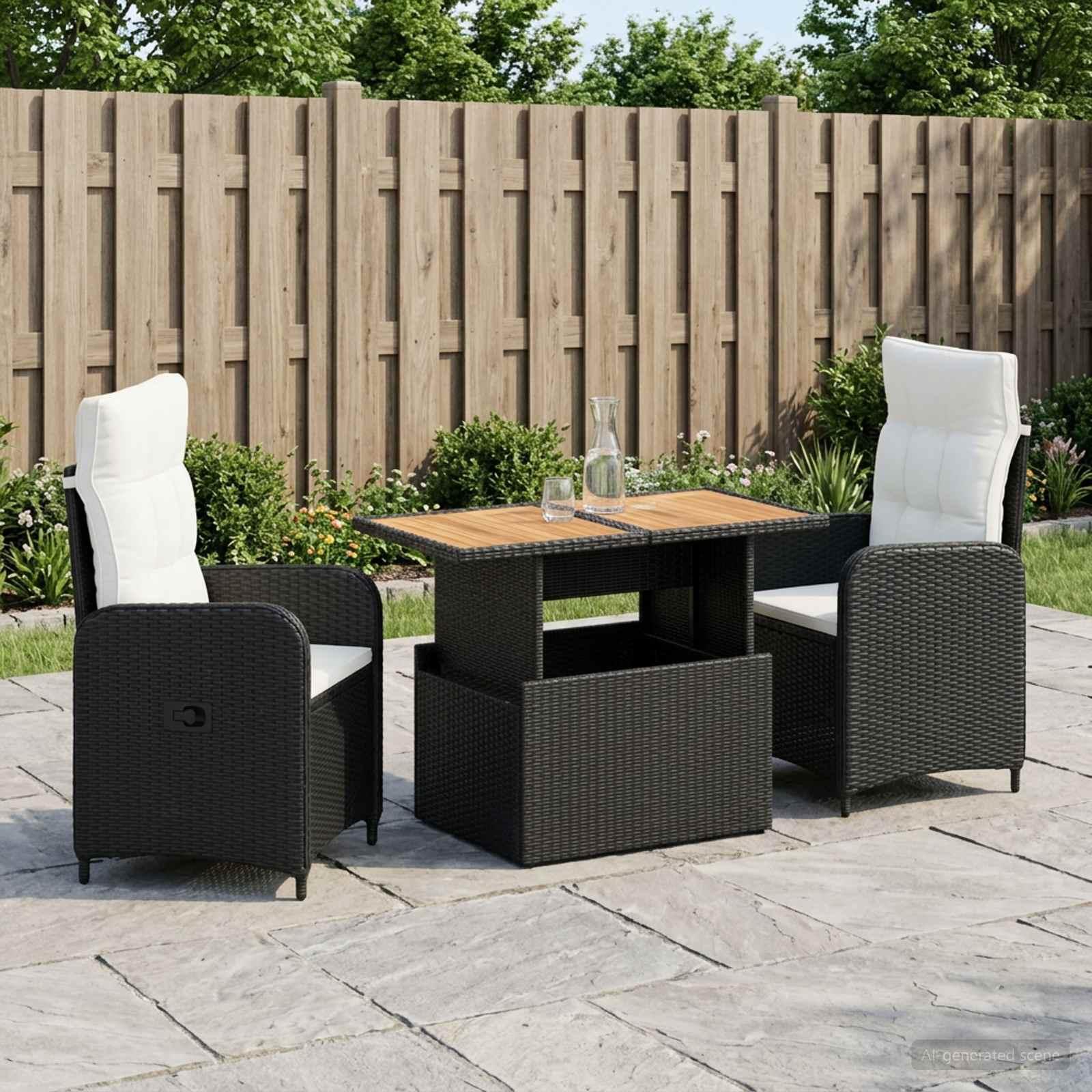 Udendørs spise sæt 3 stk. i polyrattan med reclinerstole - sort og cremehvid
