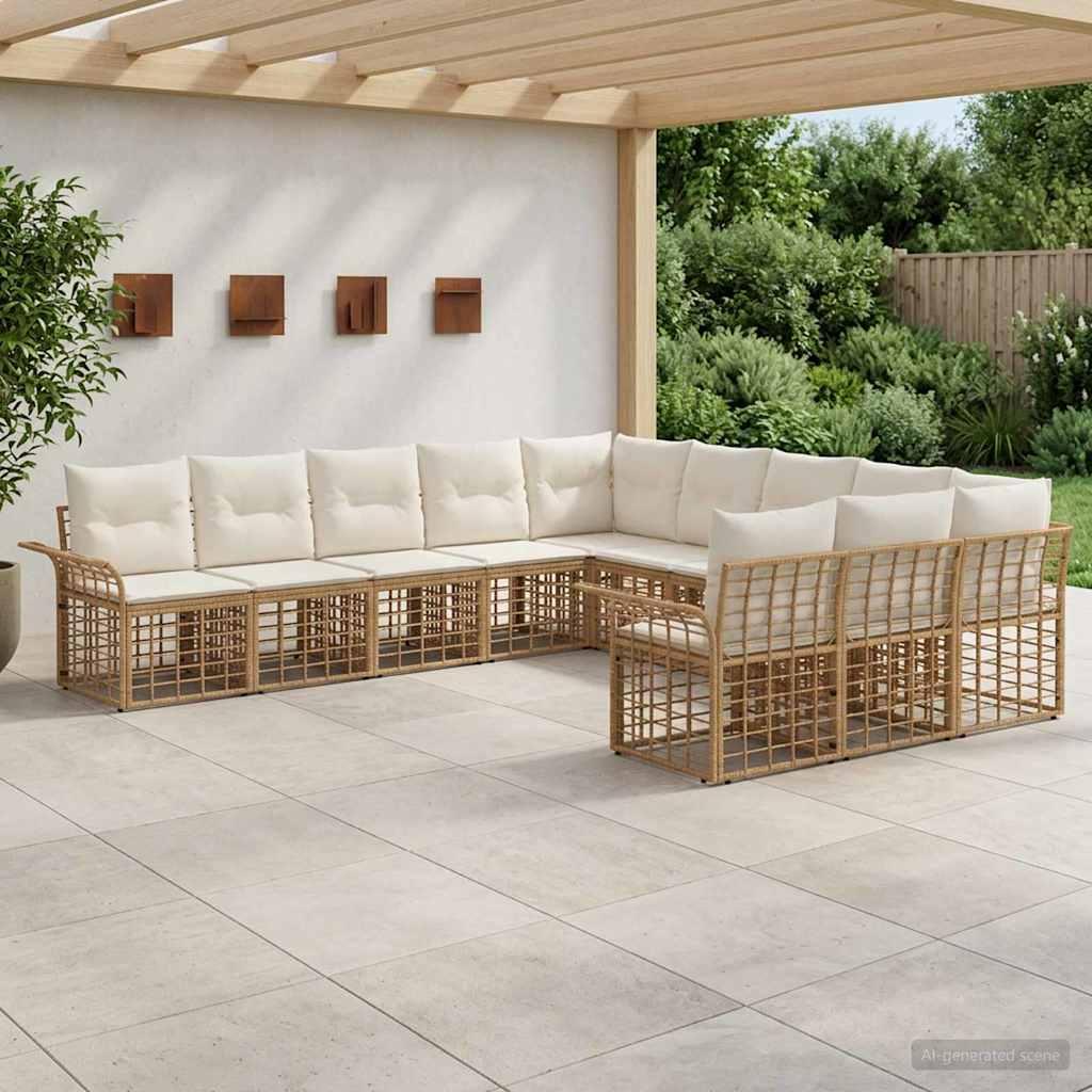 Udendørs sofagruppe 11 stk. i poly rattan - naturlig og cremehvid