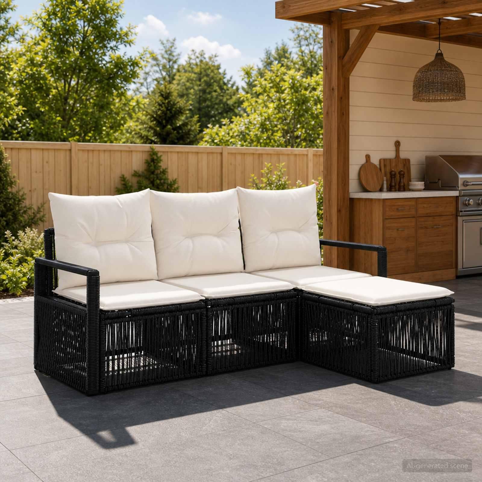 Havesofa sæt 4 dele i sort polyrattan til terrasse og have