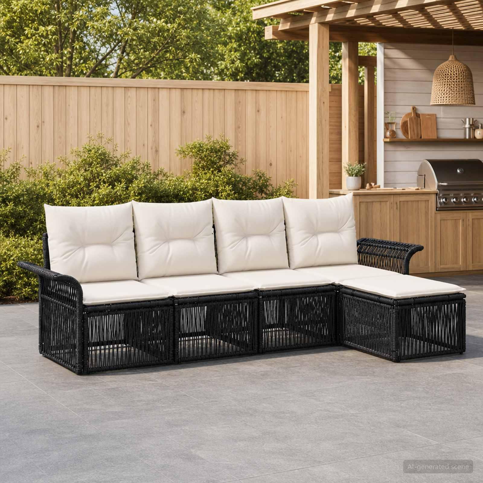 Havesofa sæt 5 stk. i sort polyrattan med puder
