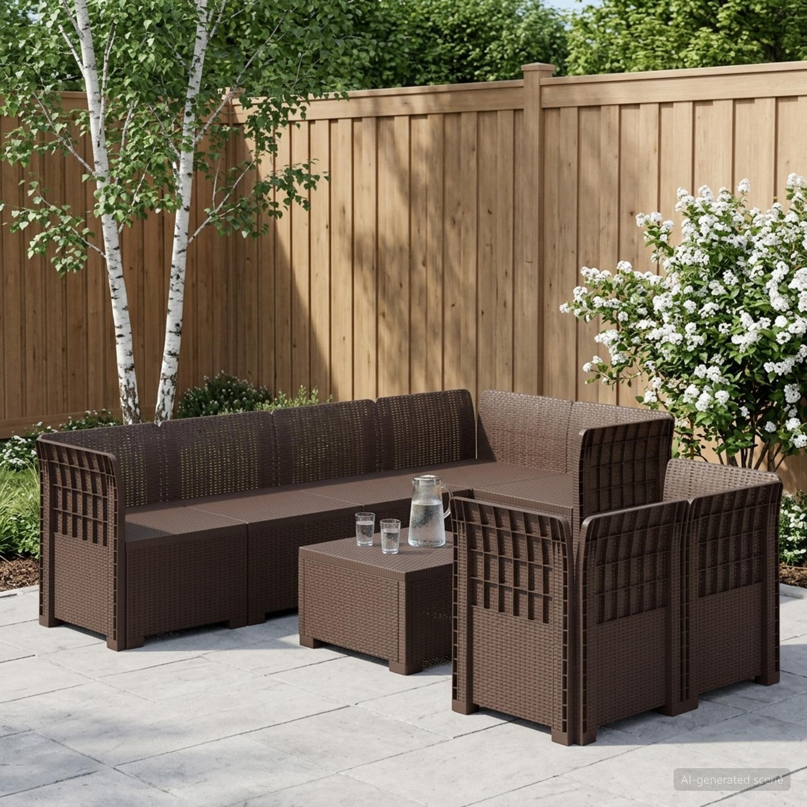 7-personers have-sofa i rattanlook PP brun til terrasse og have