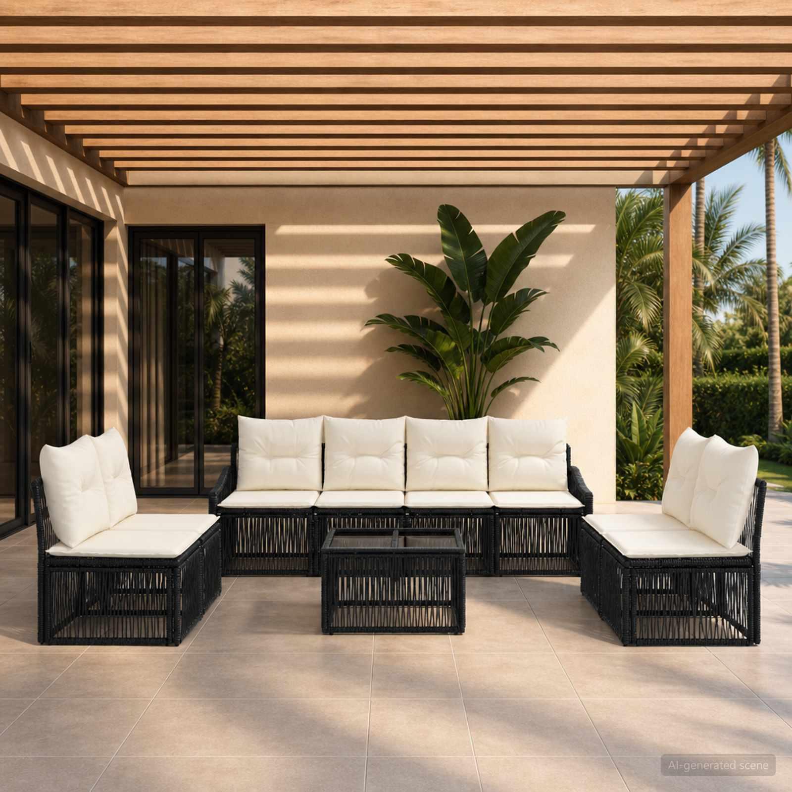 Havesofa sæt 9 stk. i sort polyrattan til terrasse og have